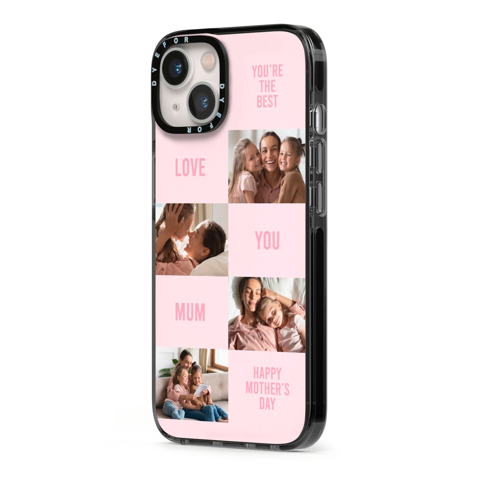 Pink Mothers Day Photo Collage iPhone 13 Black Impact Case Side Angle on Silver phone