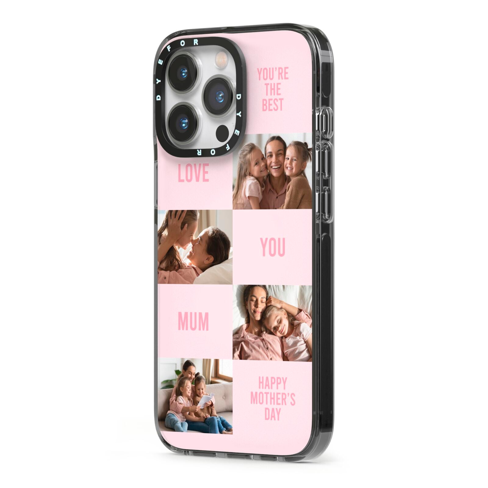 Pink Mothers Day Photo Collage iPhone 13 Pro Black Impact Case Side Angle on Silver phone