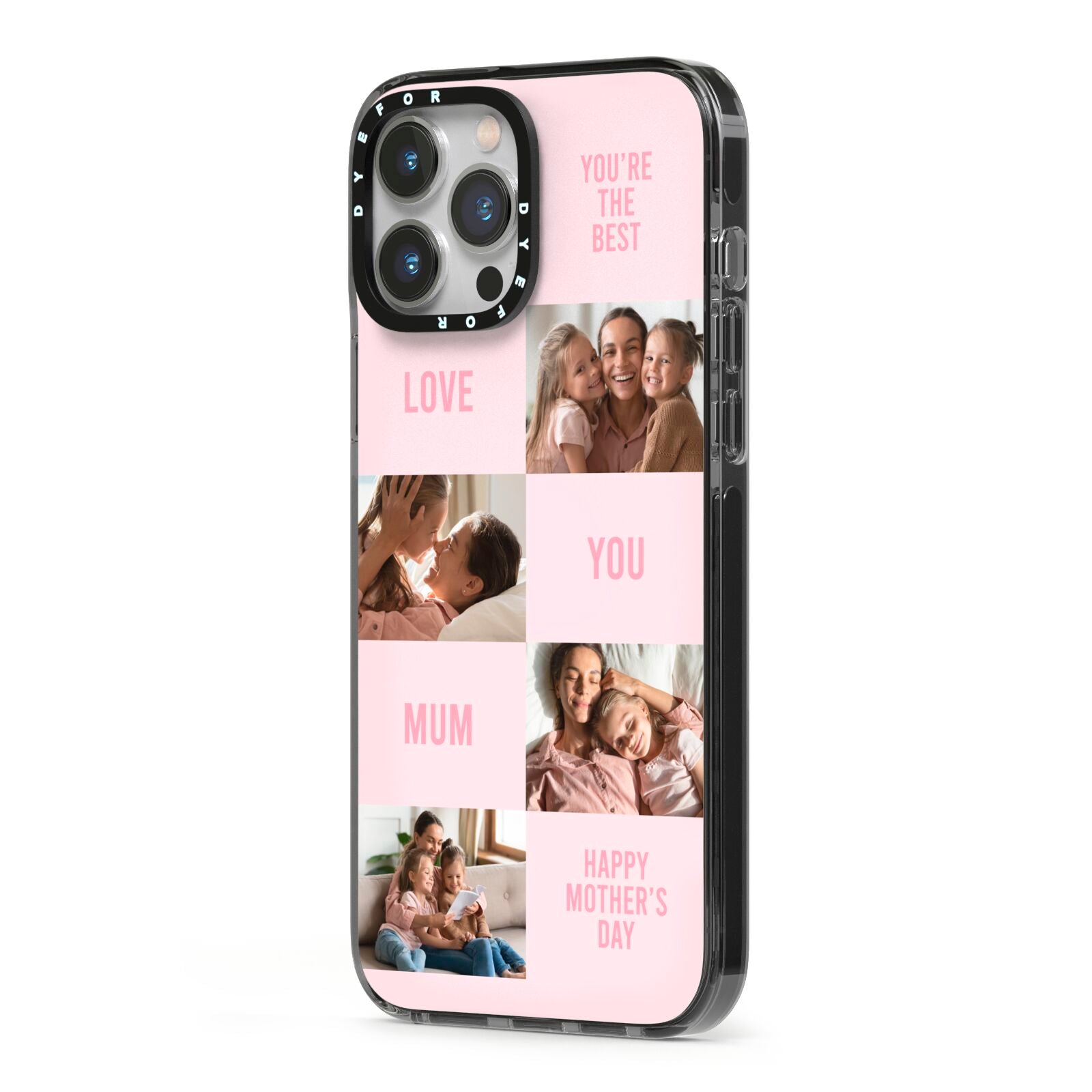 Pink Mothers Day Photo Collage iPhone 13 Pro Max Black Impact Case Side Angle on Silver phone