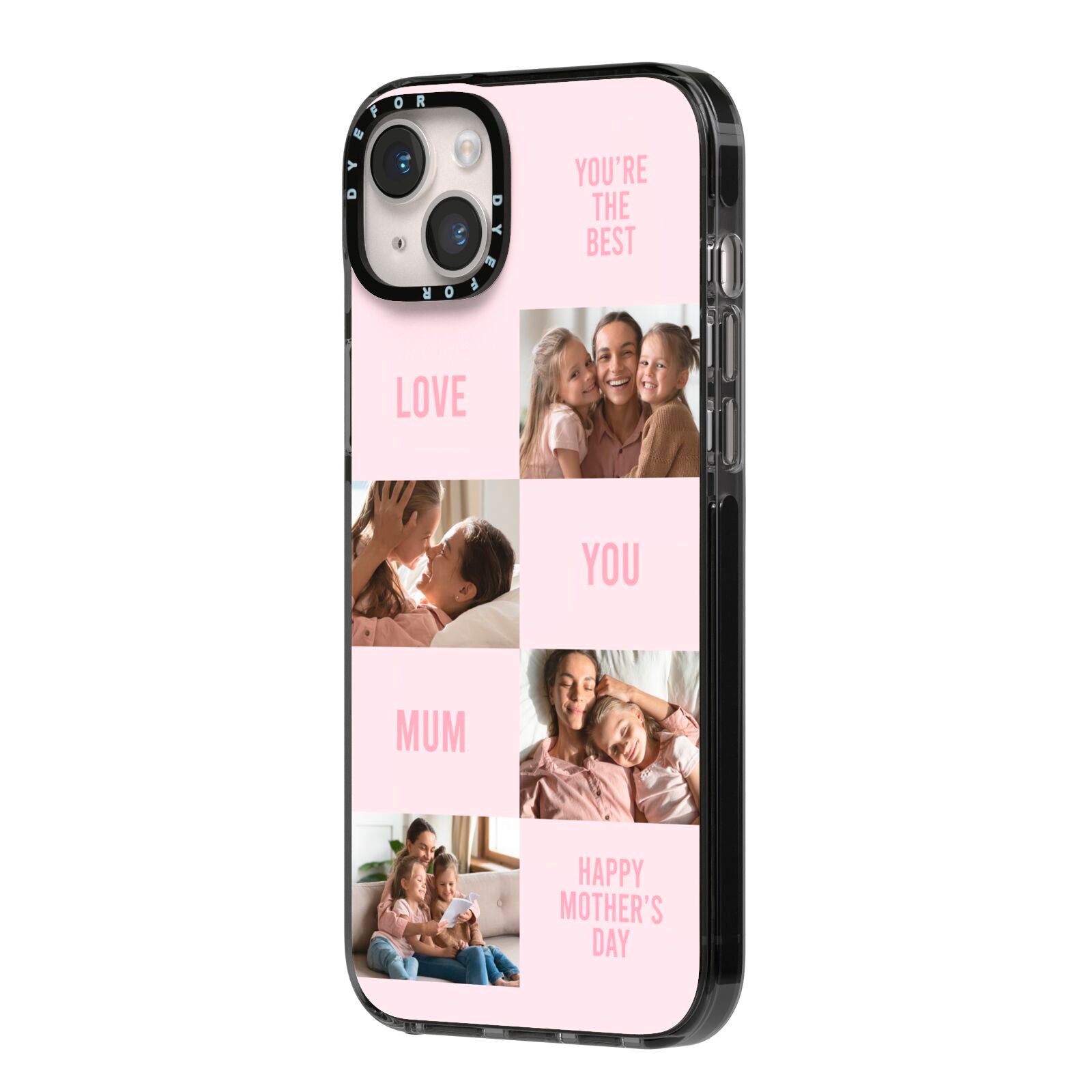 Pink Mothers Day Photo Collage iPhone 14 Plus Black Impact Case Side Angle on Silver phone