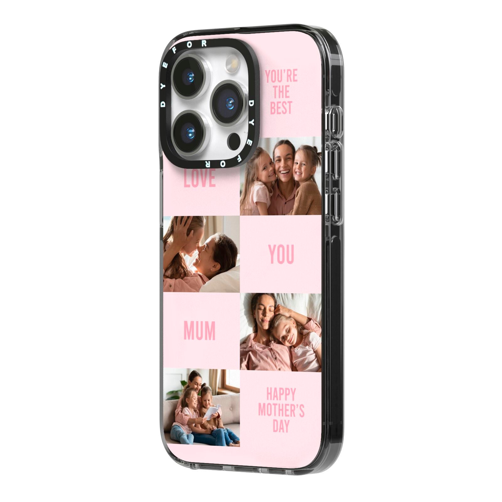 Pink Mothers Day Photo Collage iPhone 14 Pro Black Impact Case Side Angle on Silver phone