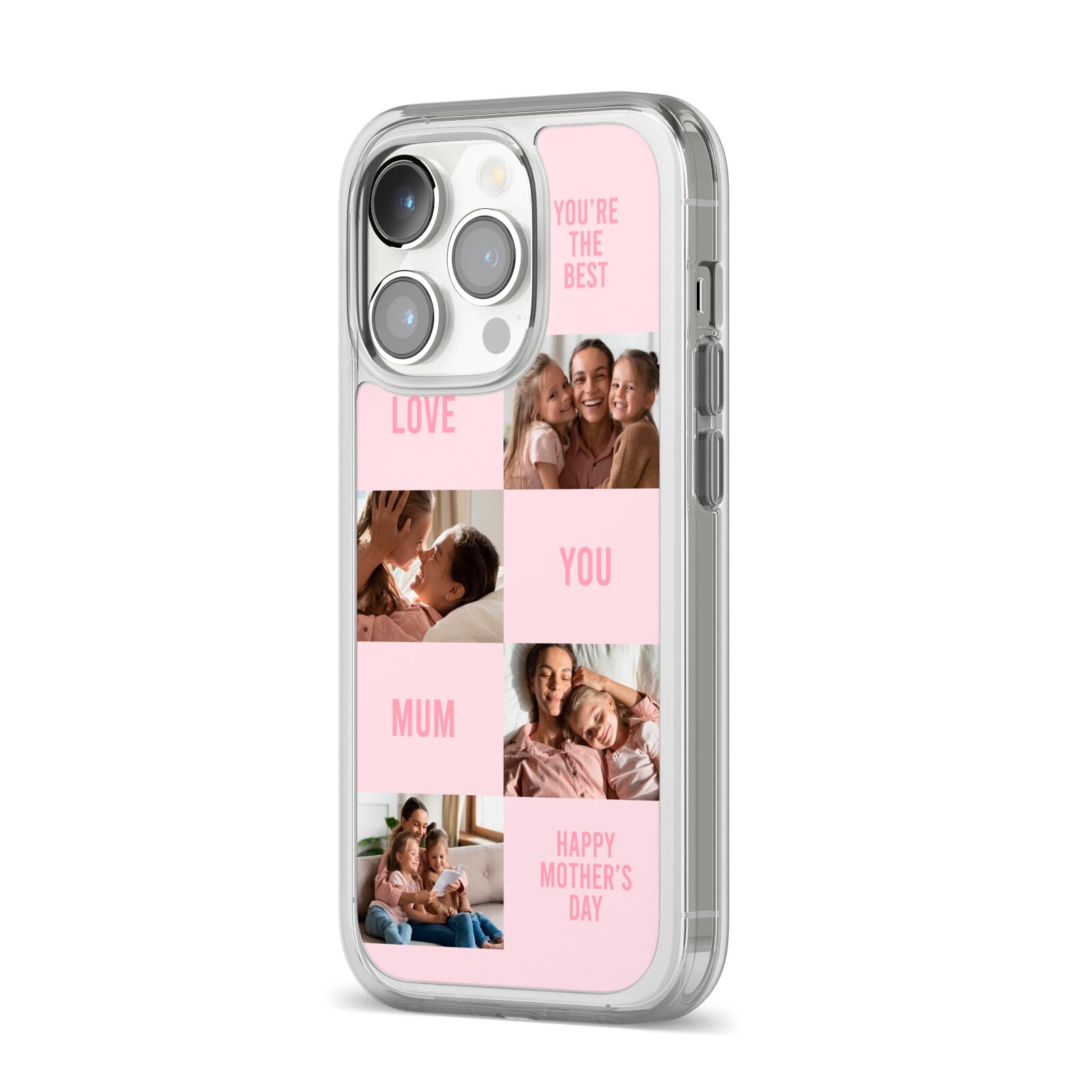 Pink Mothers Day Photo Collage iPhone 14 Pro Clear Tough Case Silver Angled Image