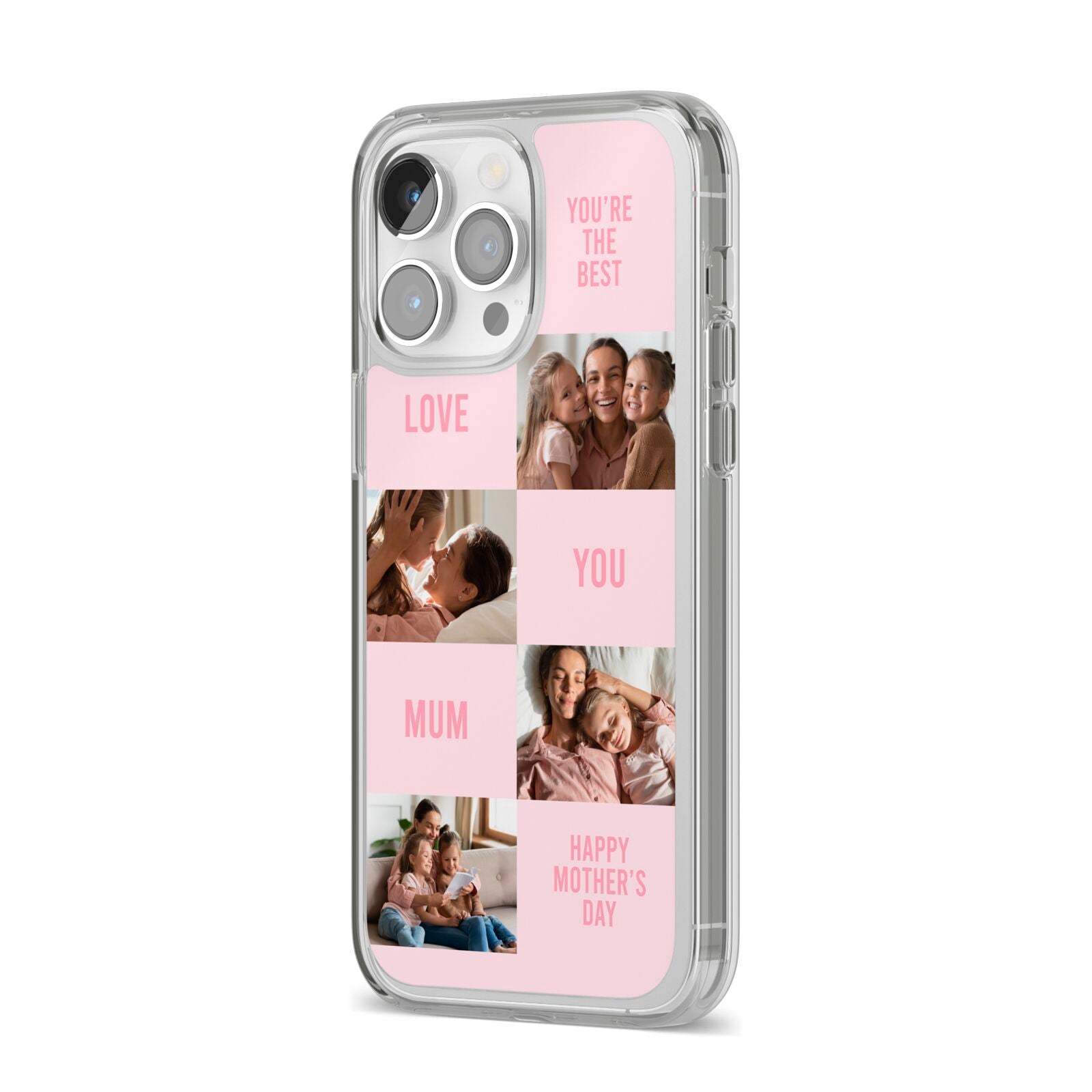 Pink Mothers Day Photo Collage iPhone 14 Pro Max Clear Tough Case Silver Angled Image