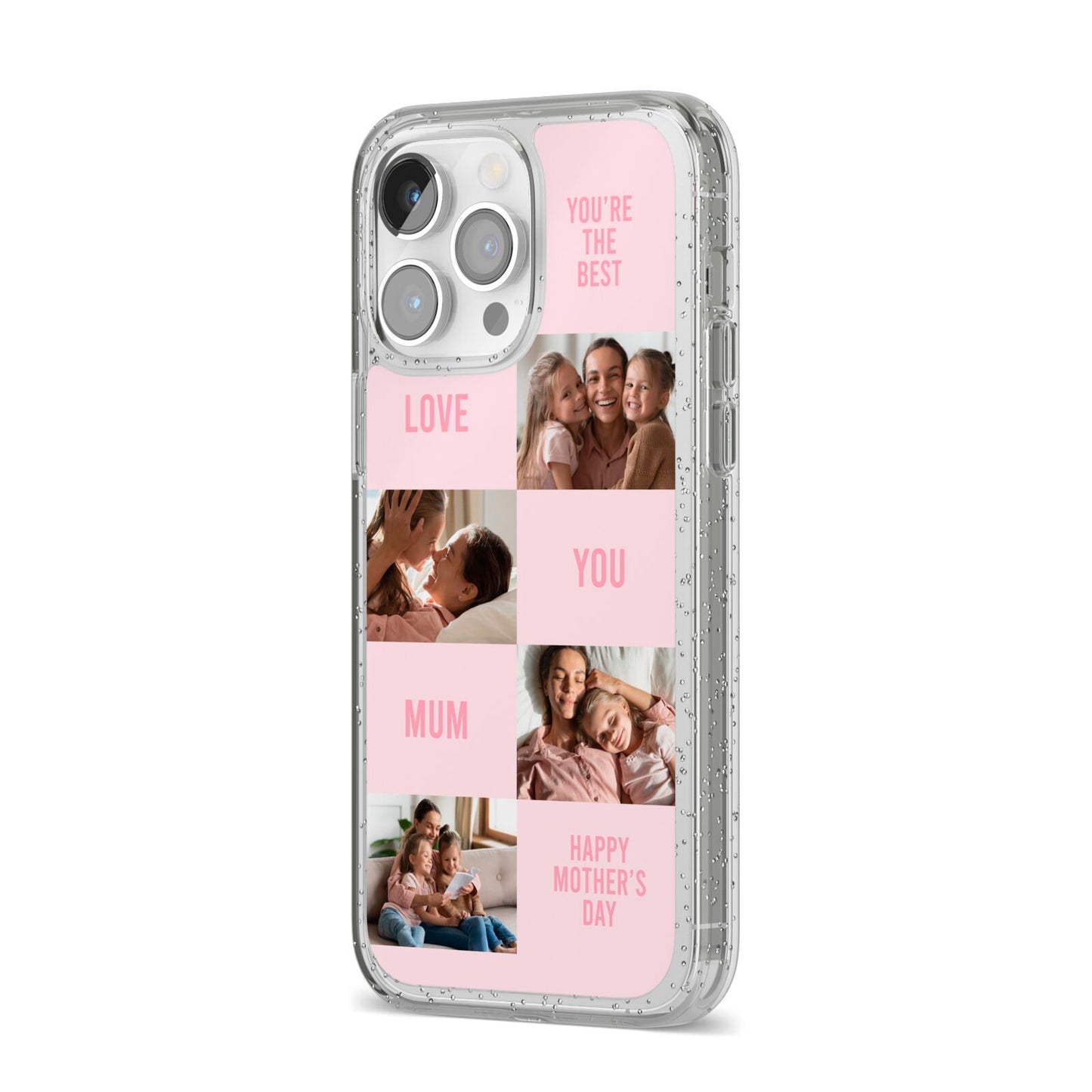 Pink Mothers Day Photo Collage iPhone 14 Pro Max Glitter Tough Case Silver Angled Image