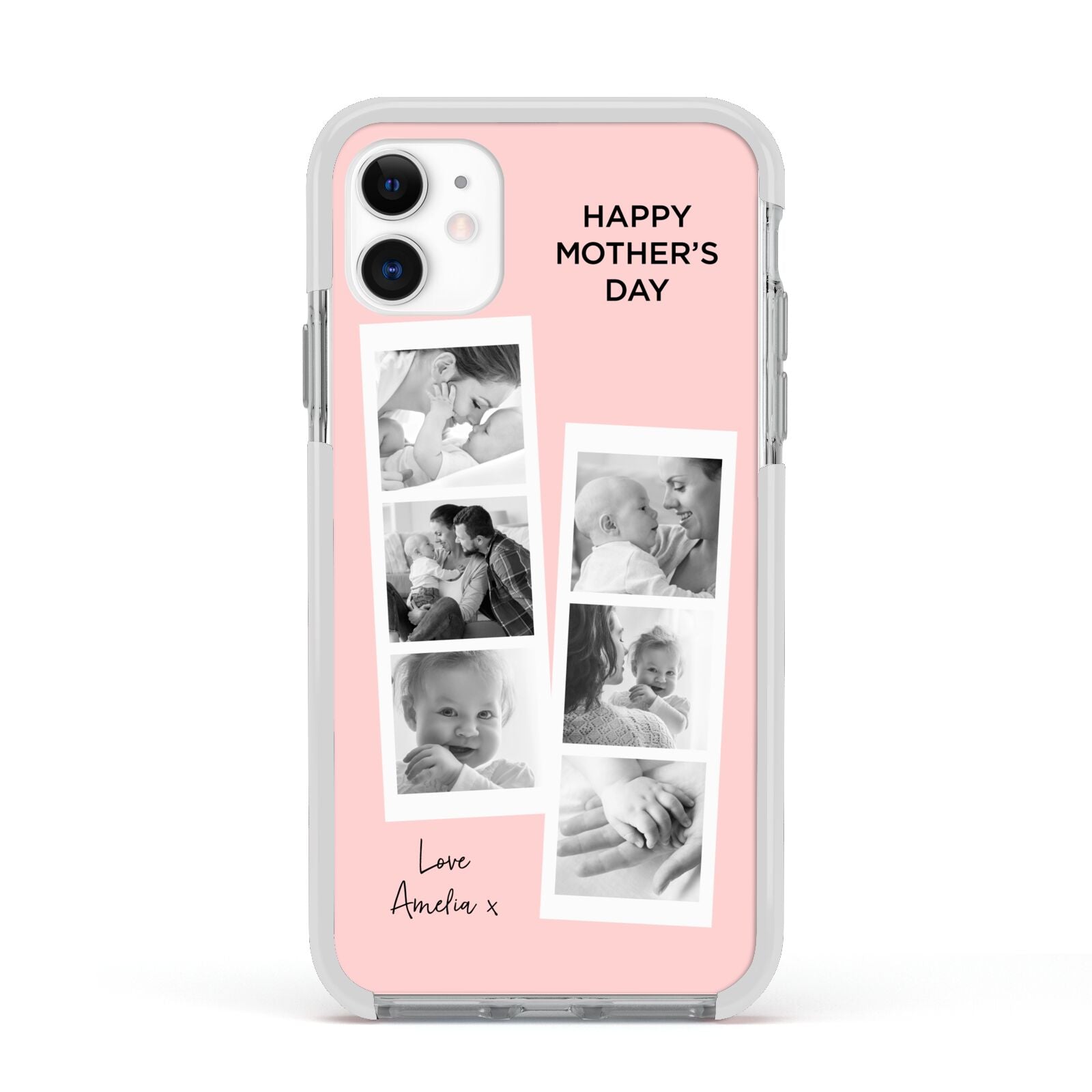 Pink Mothers Day Photo Strips Apple iPhone 11 in White with White Impact Case