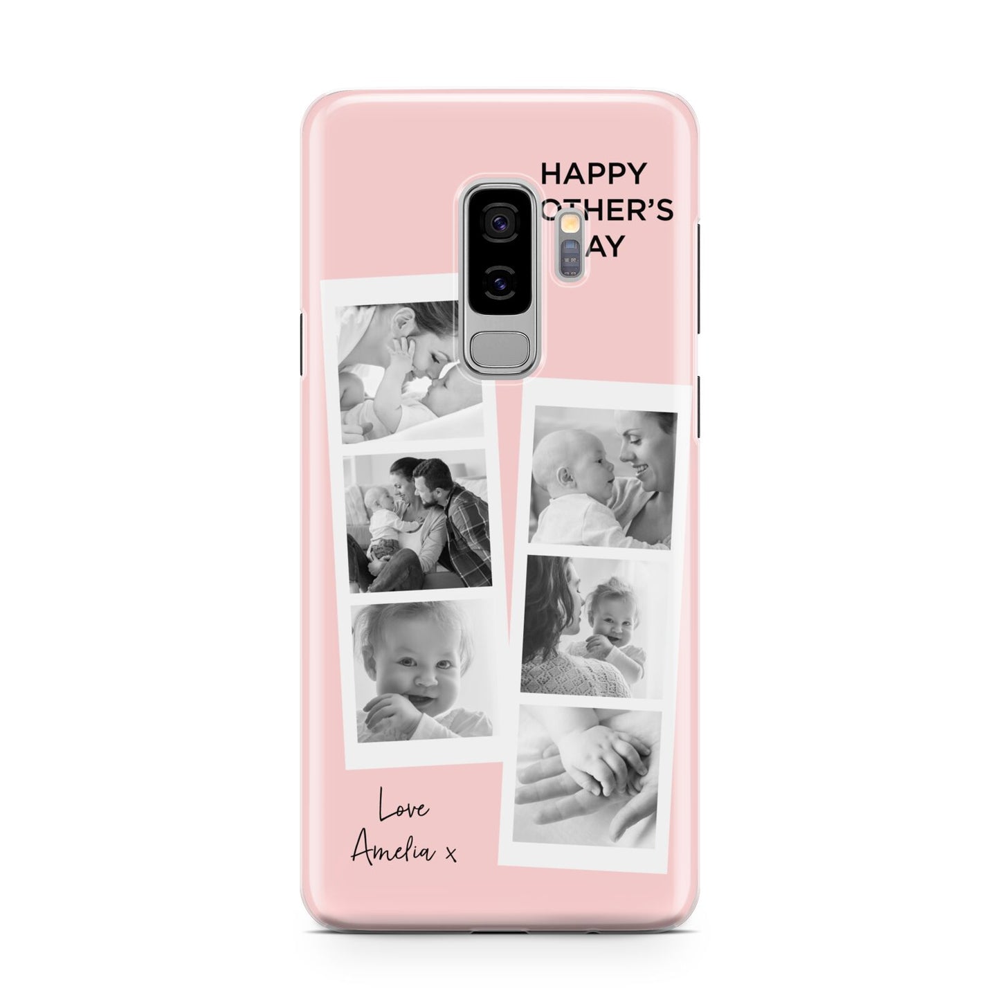 Pink Mothers Day Photo Strips Samsung Galaxy S9 Plus Case on Silver phone