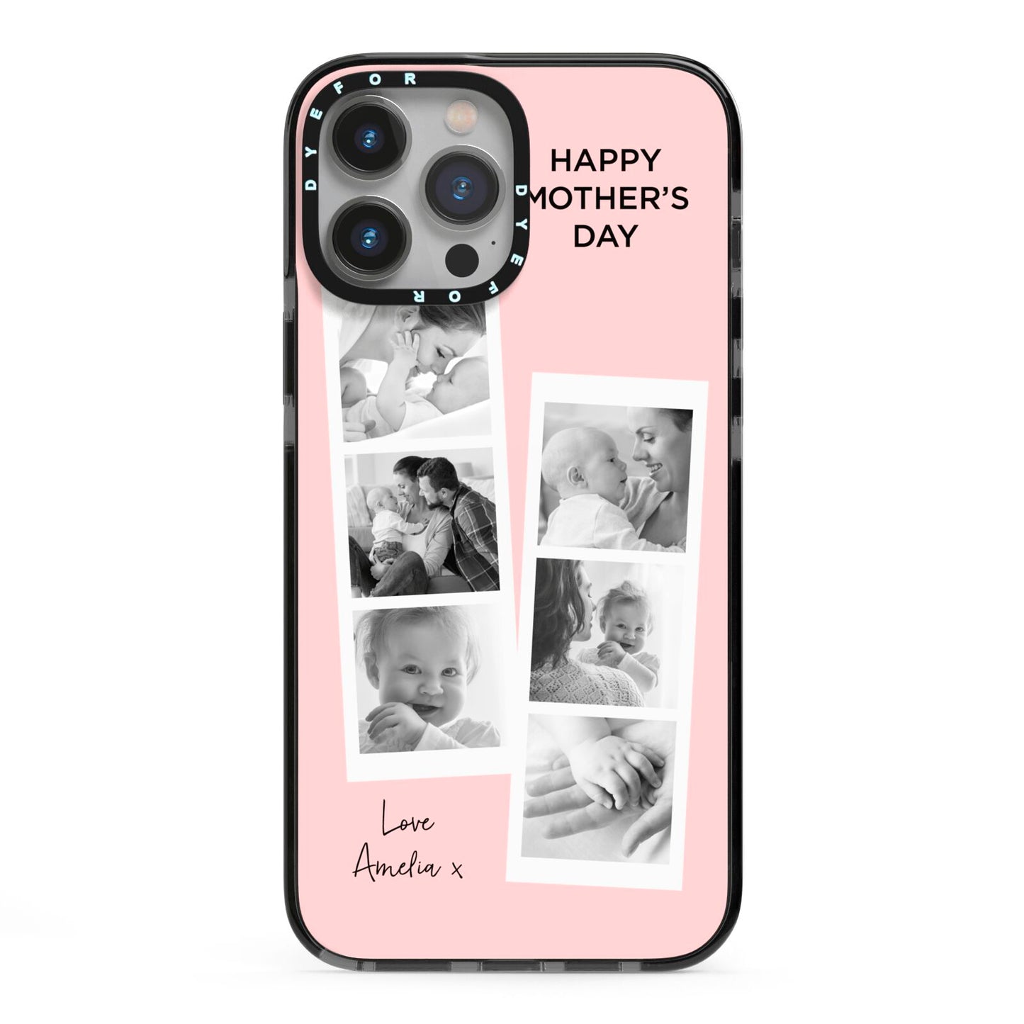 Pink Mothers Day Photo Strips iPhone 13 Pro Max Black Impact Case on Silver phone