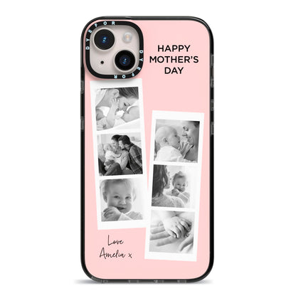 Pink Mothers Day Photo Strips iPhone 14 Plus Black Impact Case on Silver phone