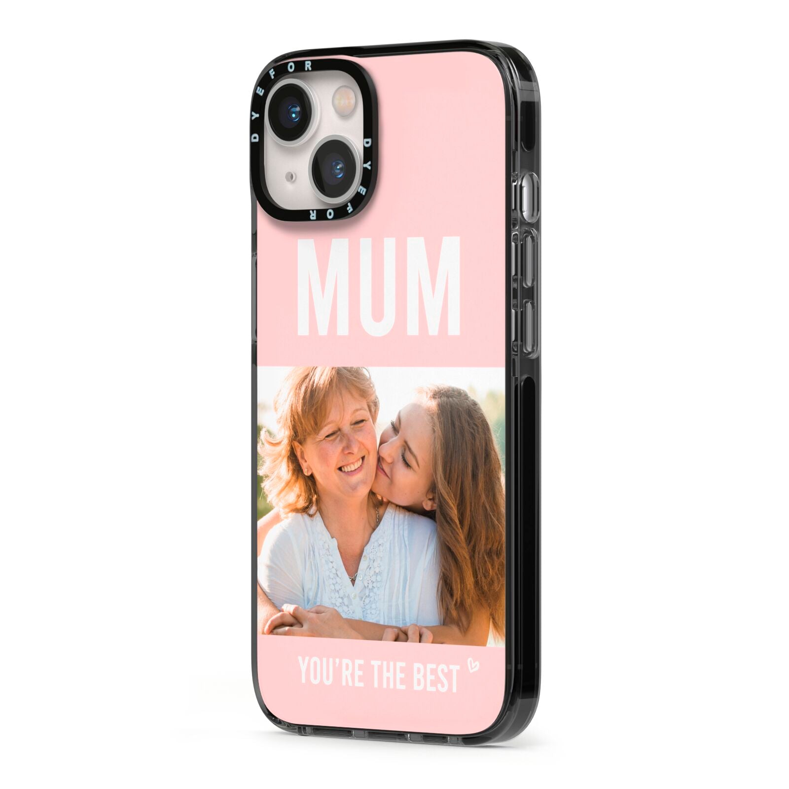 Pink Mothers Day Photo iPhone 13 Black Impact Case Side Angle on Silver phone