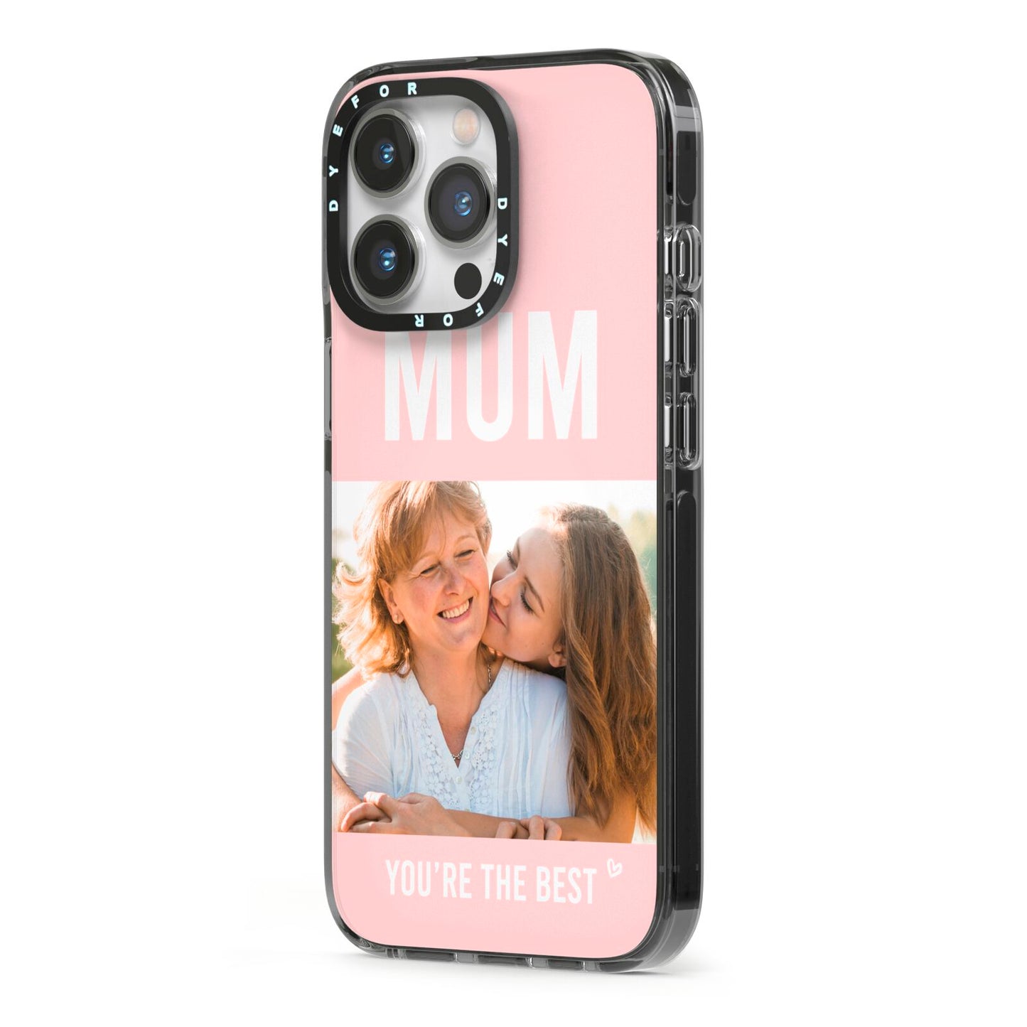 Pink Mothers Day Photo iPhone 13 Pro Black Impact Case Side Angle on Silver phone