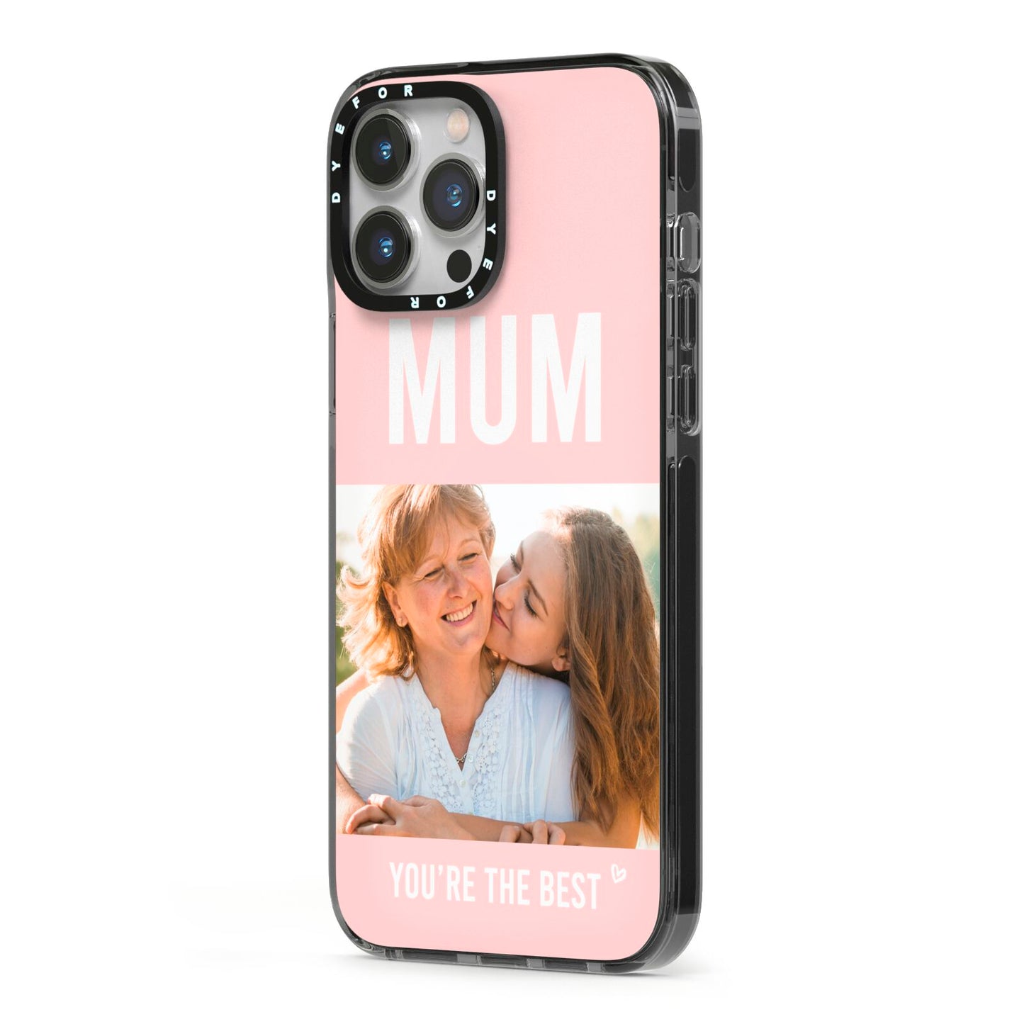 Pink Mothers Day Photo iPhone 13 Pro Max Black Impact Case Side Angle on Silver phone