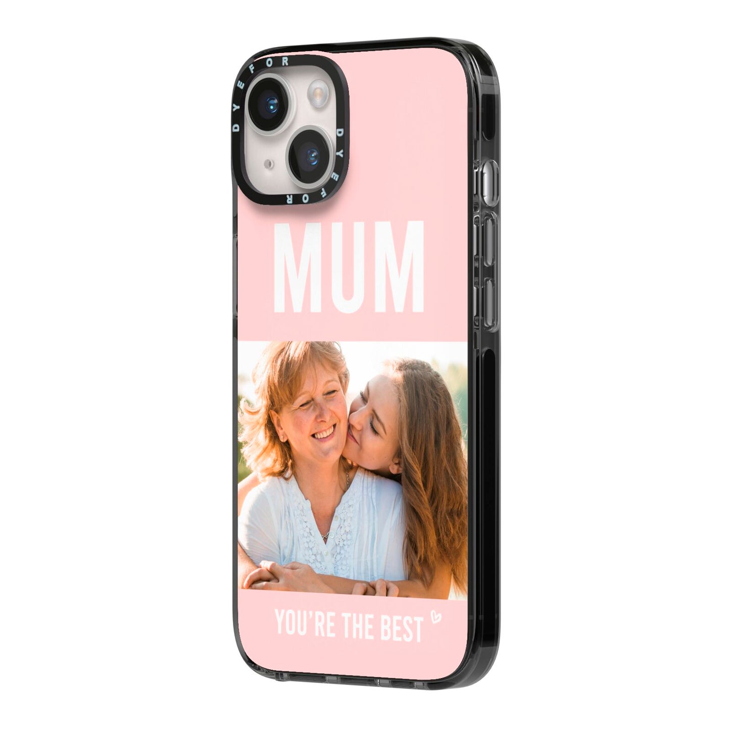 Pink Mothers Day Photo iPhone 14 Black Impact Case Side Angle on Silver phone