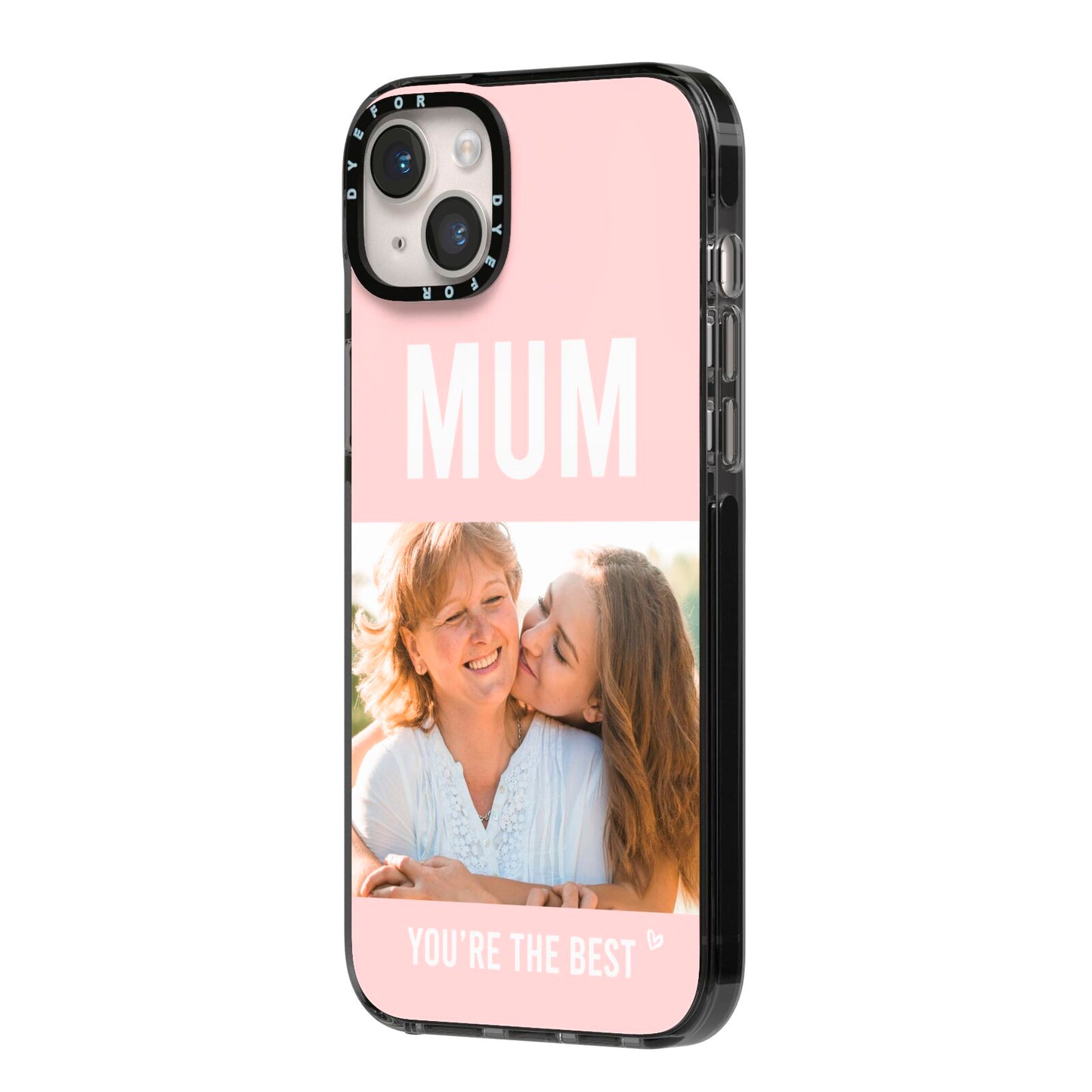 Pink Mothers Day Photo iPhone 14 Plus Black Impact Case Side Angle on Silver phone