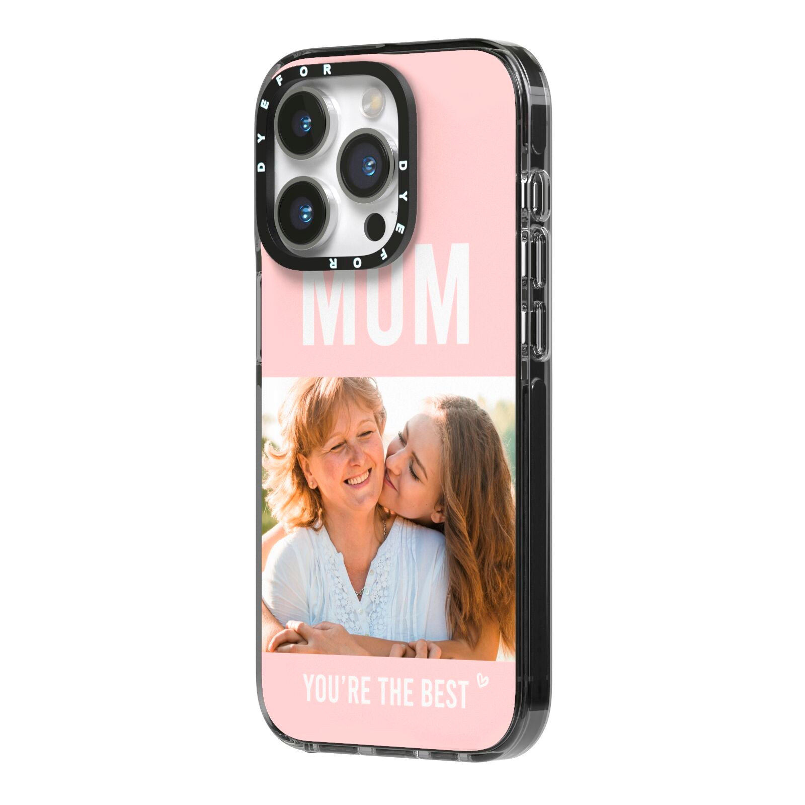 Pink Mothers Day Photo iPhone 14 Pro Black Impact Case Side Angle on Silver phone