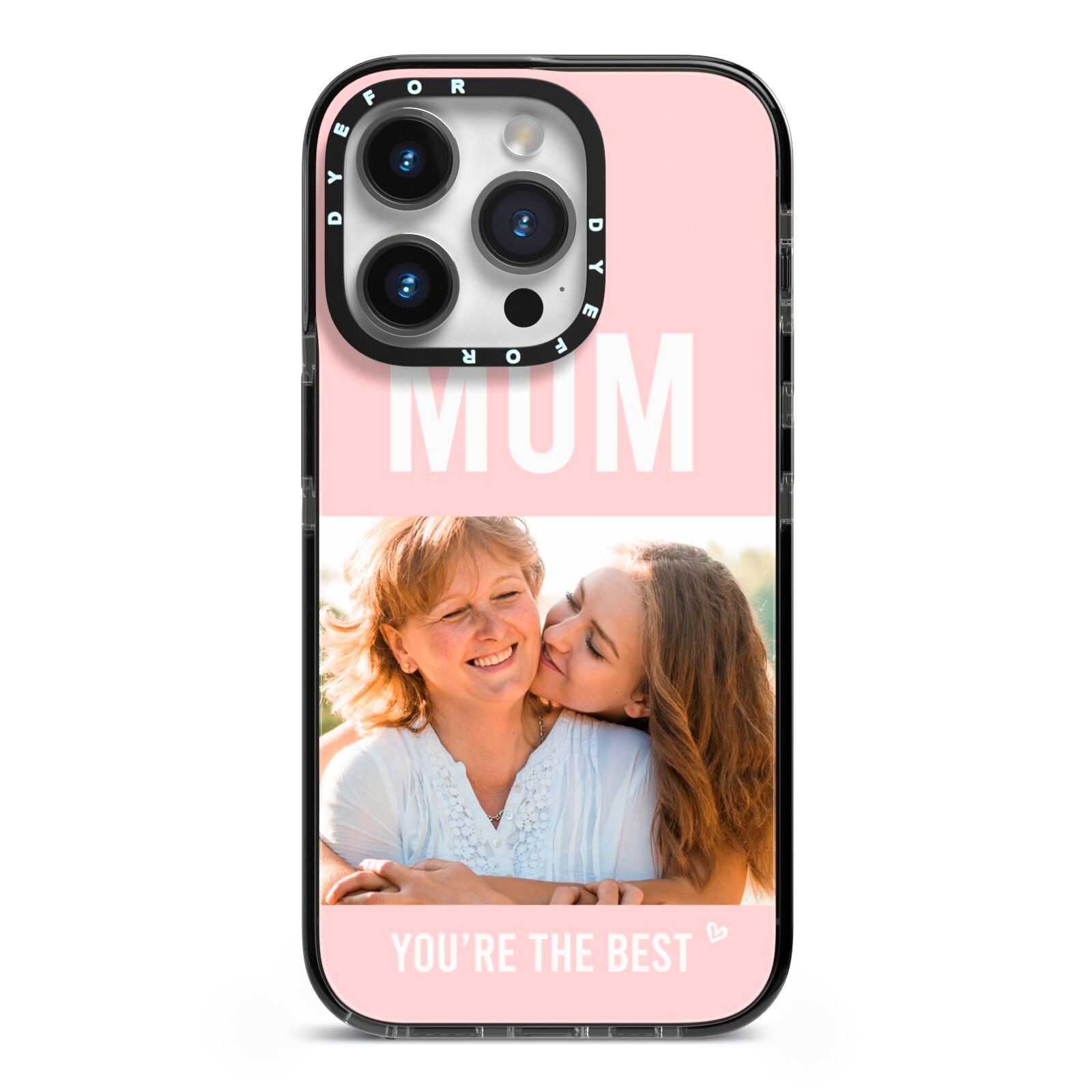 Pink Mothers Day Photo iPhone 14 Pro Black Impact Case on Silver phone