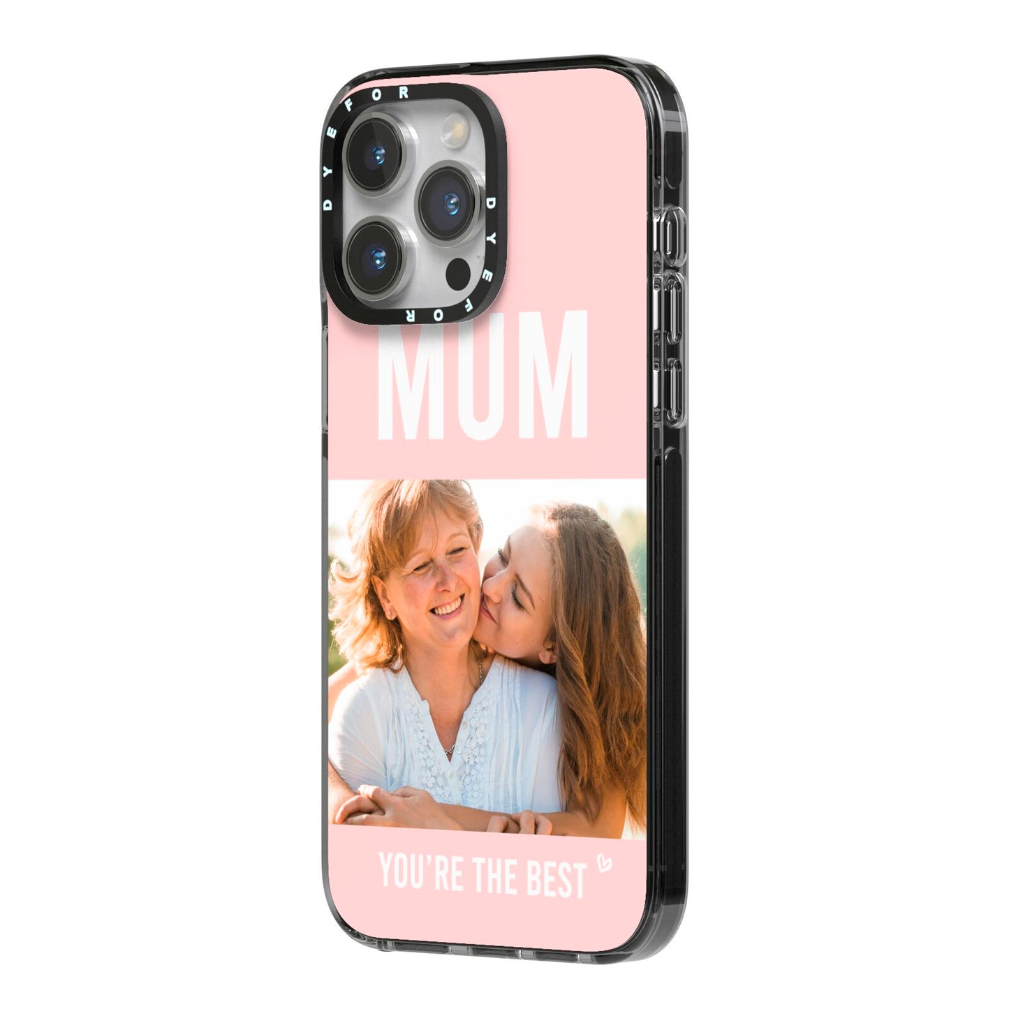 Pink Mothers Day Photo iPhone 14 Pro Max Black Impact Case Side Angle on Silver phone