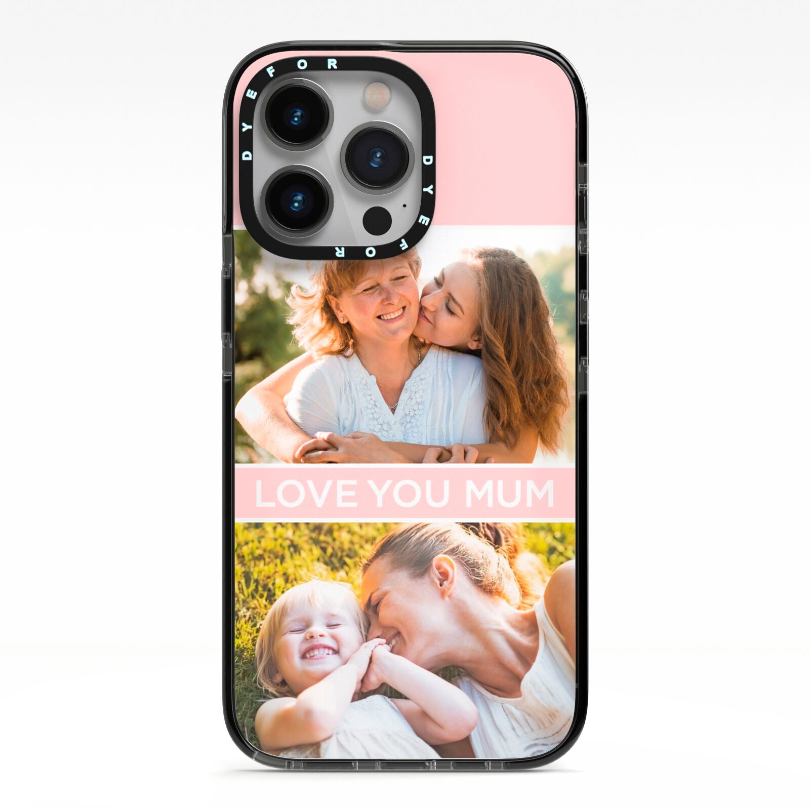 Pink Mothers Day Photos iPhone 13 Pro Black Impact Case on Silver phone