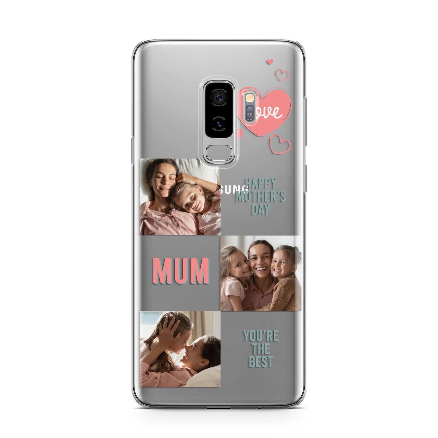 Pink Mum Photo Collage Samsung Galaxy S9 Plus Case on Silver phone