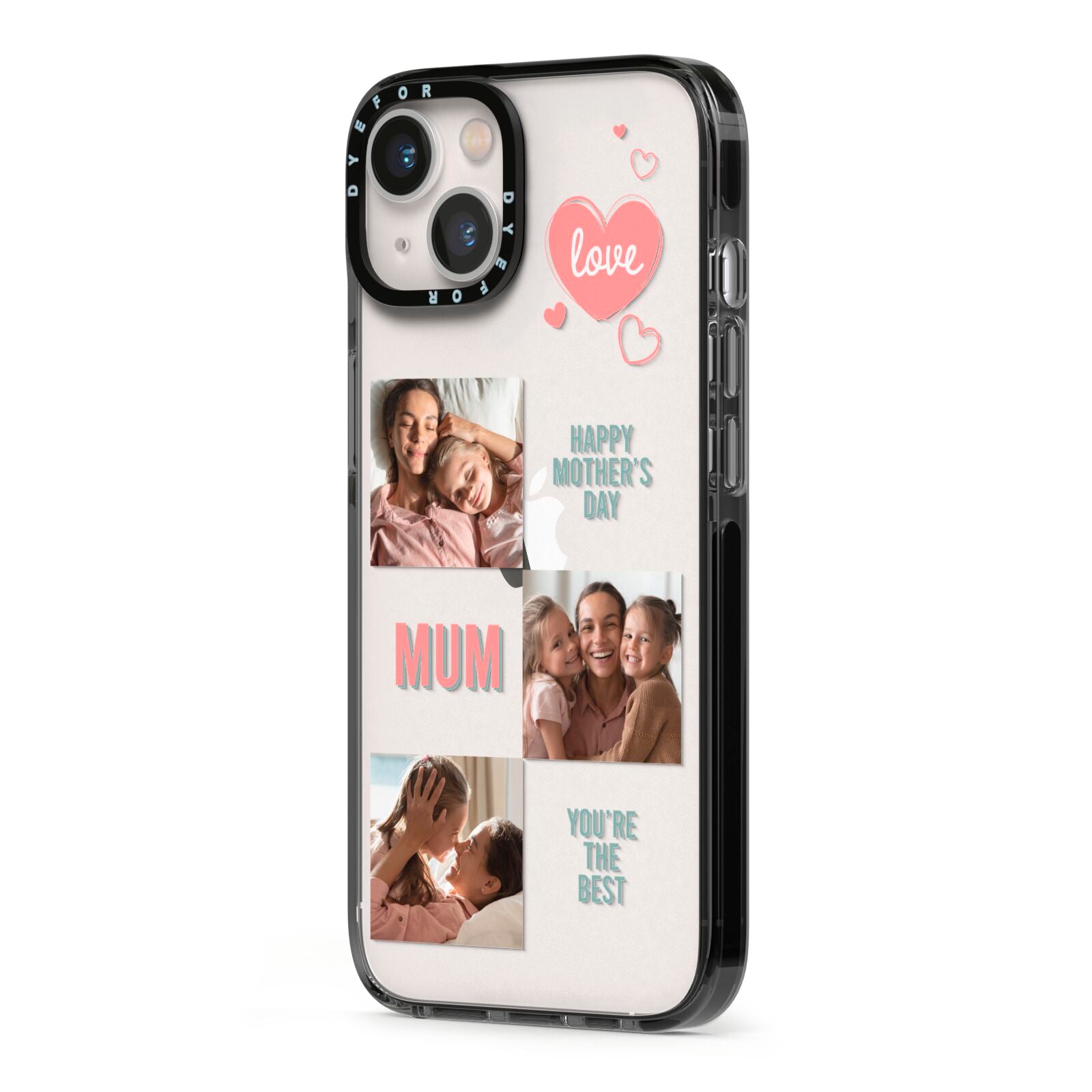 Pink Mum Photo Collage iPhone 13 Black Impact Case Side Angle on Silver phone