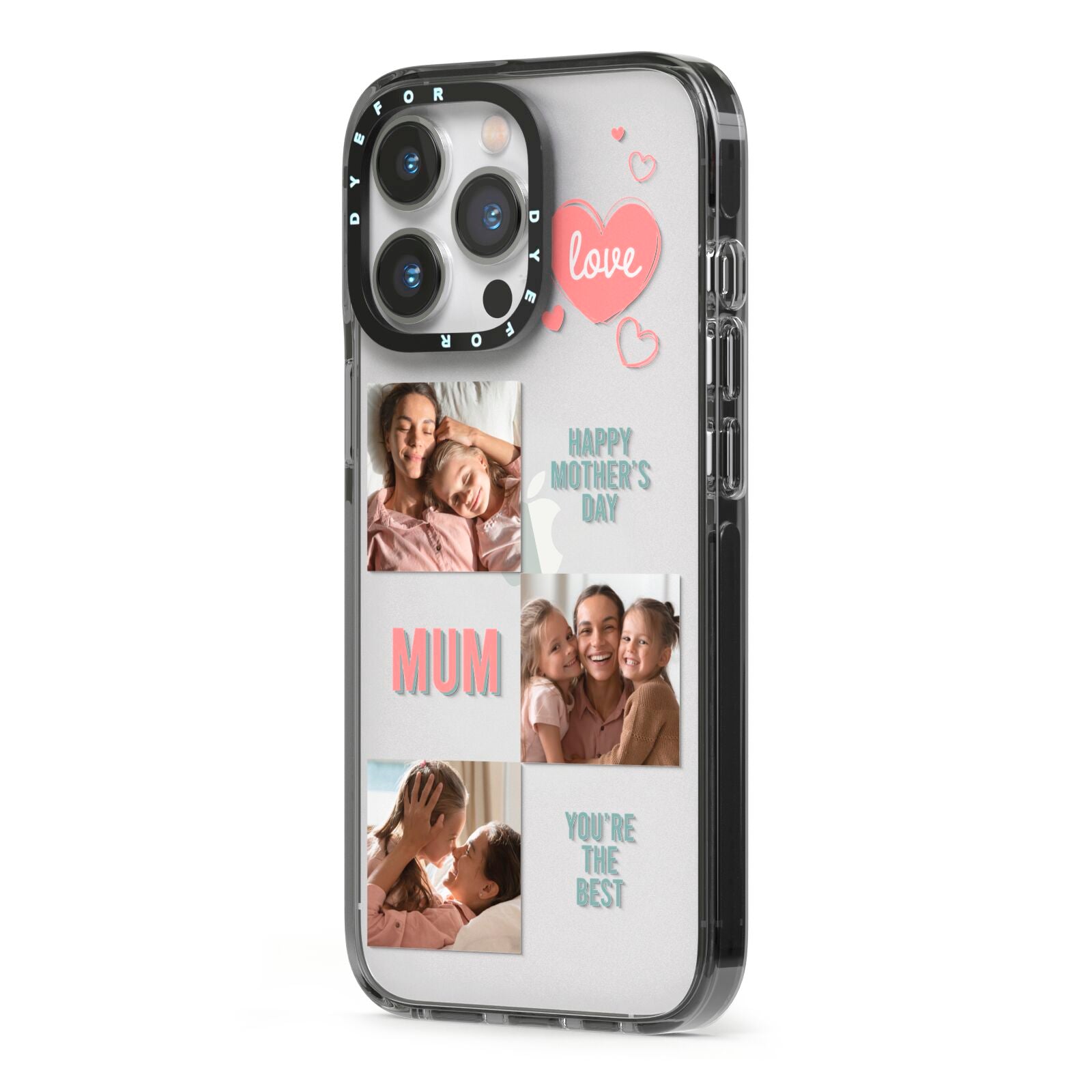 Pink Mum Photo Collage iPhone 13 Pro Black Impact Case Side Angle on Silver phone