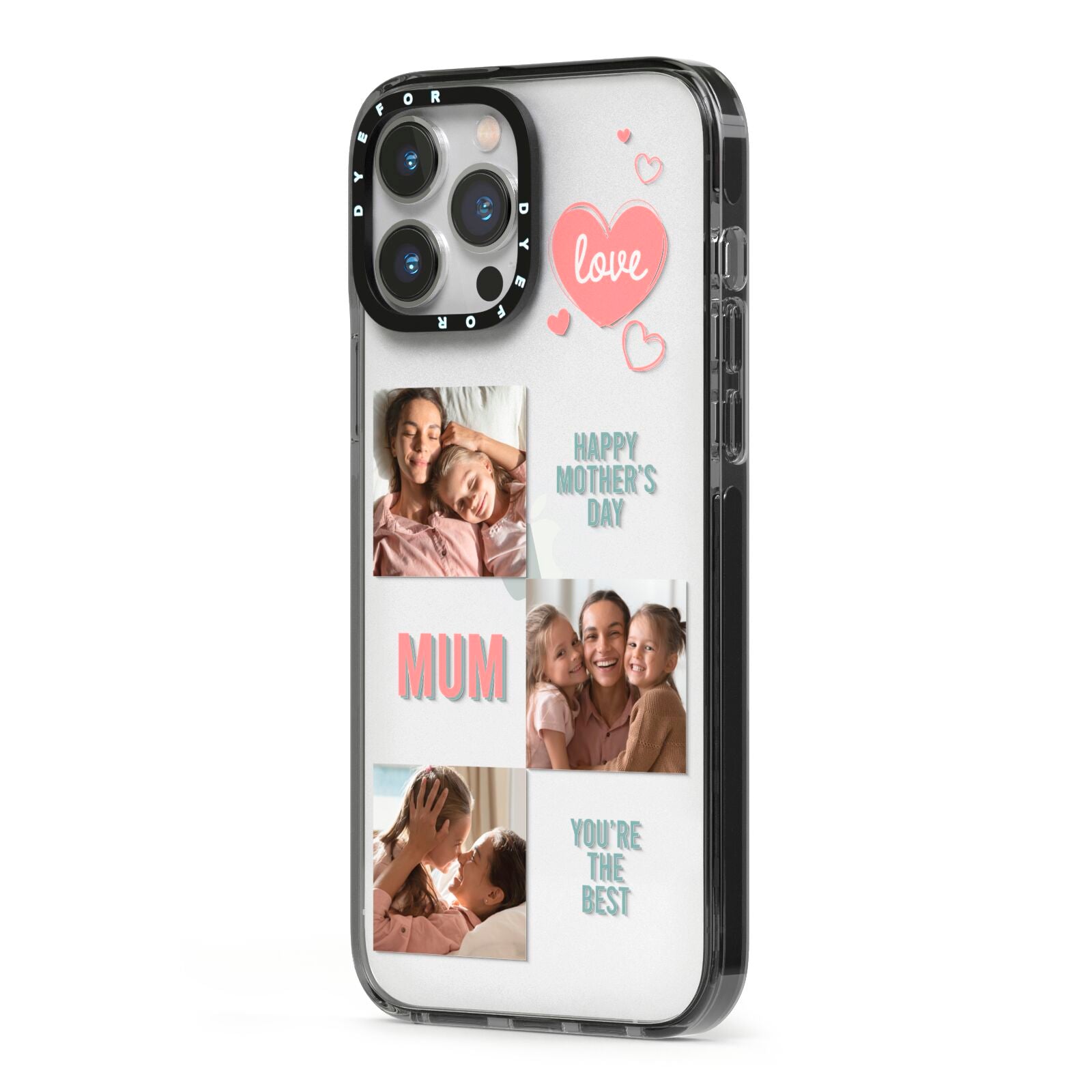 Pink Mum Photo Collage iPhone 13 Pro Max Black Impact Case Side Angle on Silver phone