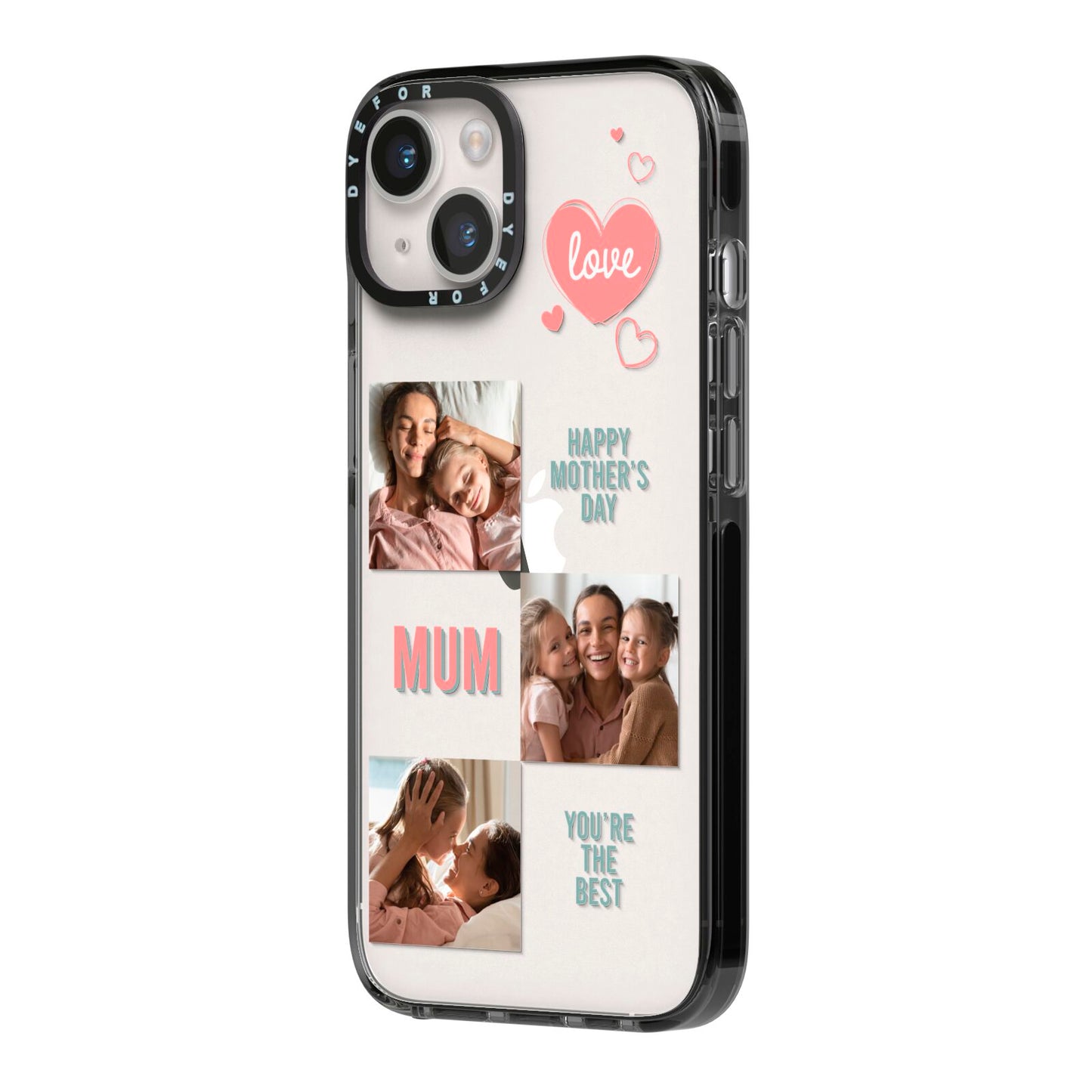 Pink Mum Photo Collage iPhone 14 Black Impact Case Side Angle on Silver phone