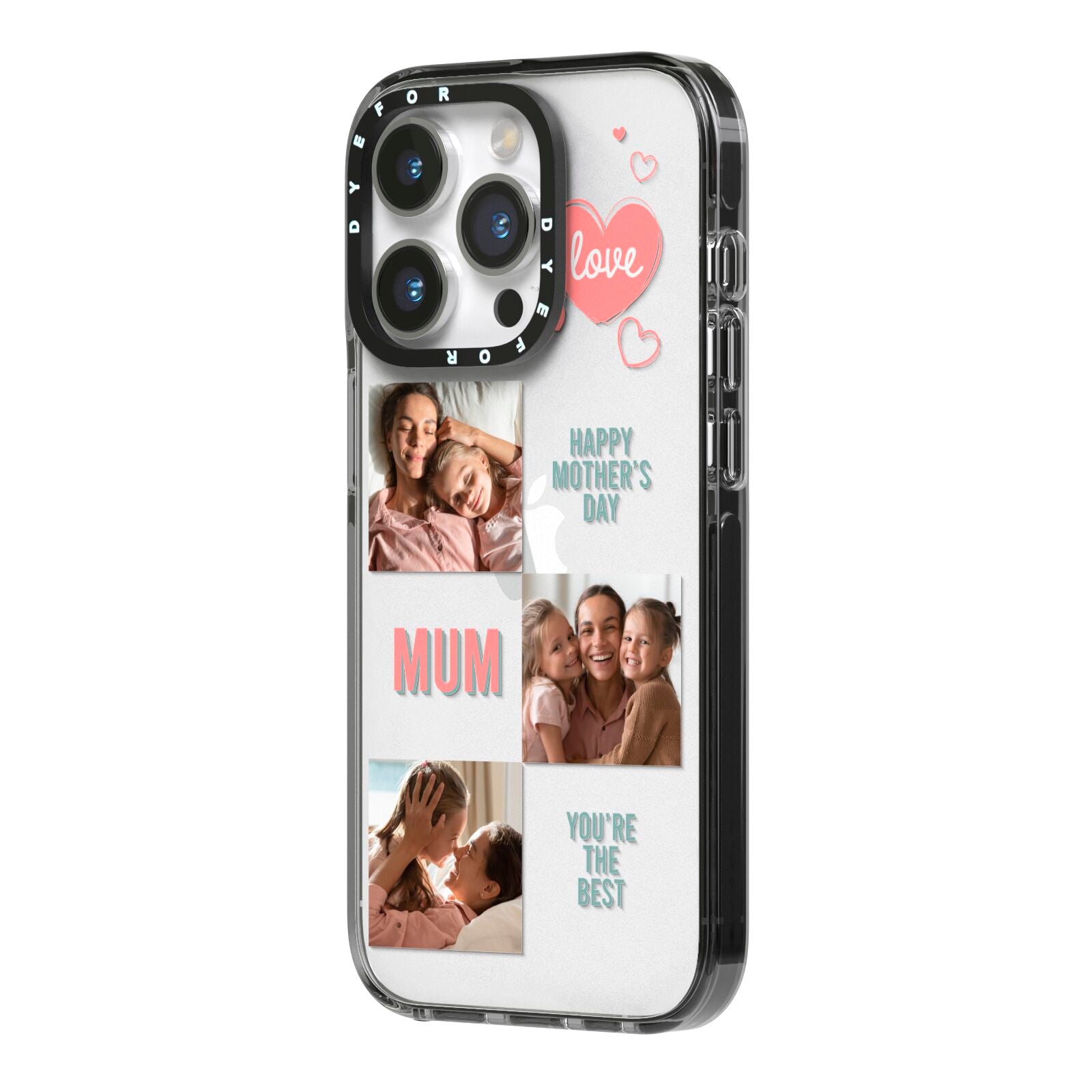 Pink Mum Photo Collage iPhone 14 Pro Black Impact Case Side Angle on Silver phone