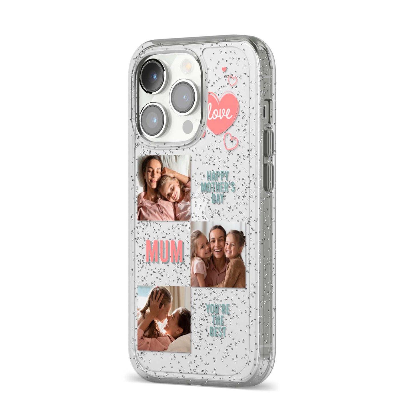 Pink Mum Photo Collage iPhone 14 Pro Glitter Tough Case Silver Angled Image