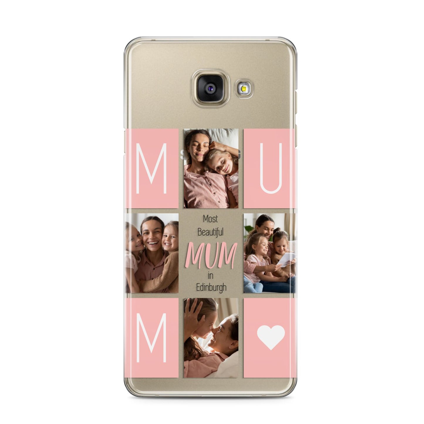 Pink Mum Photo Tiles Samsung Galaxy A3 2016 Case on gold phone