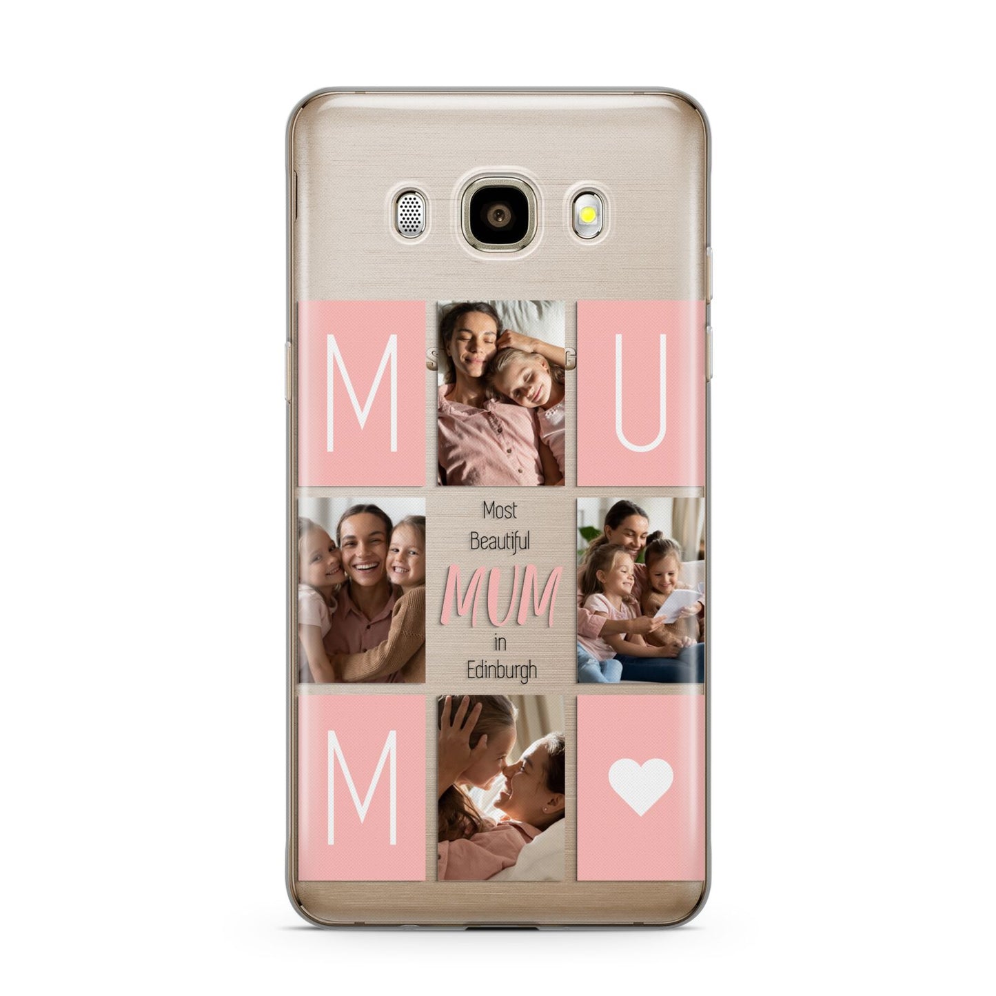 Pink Mum Photo Tiles Samsung Galaxy J7 2016 Case on gold phone