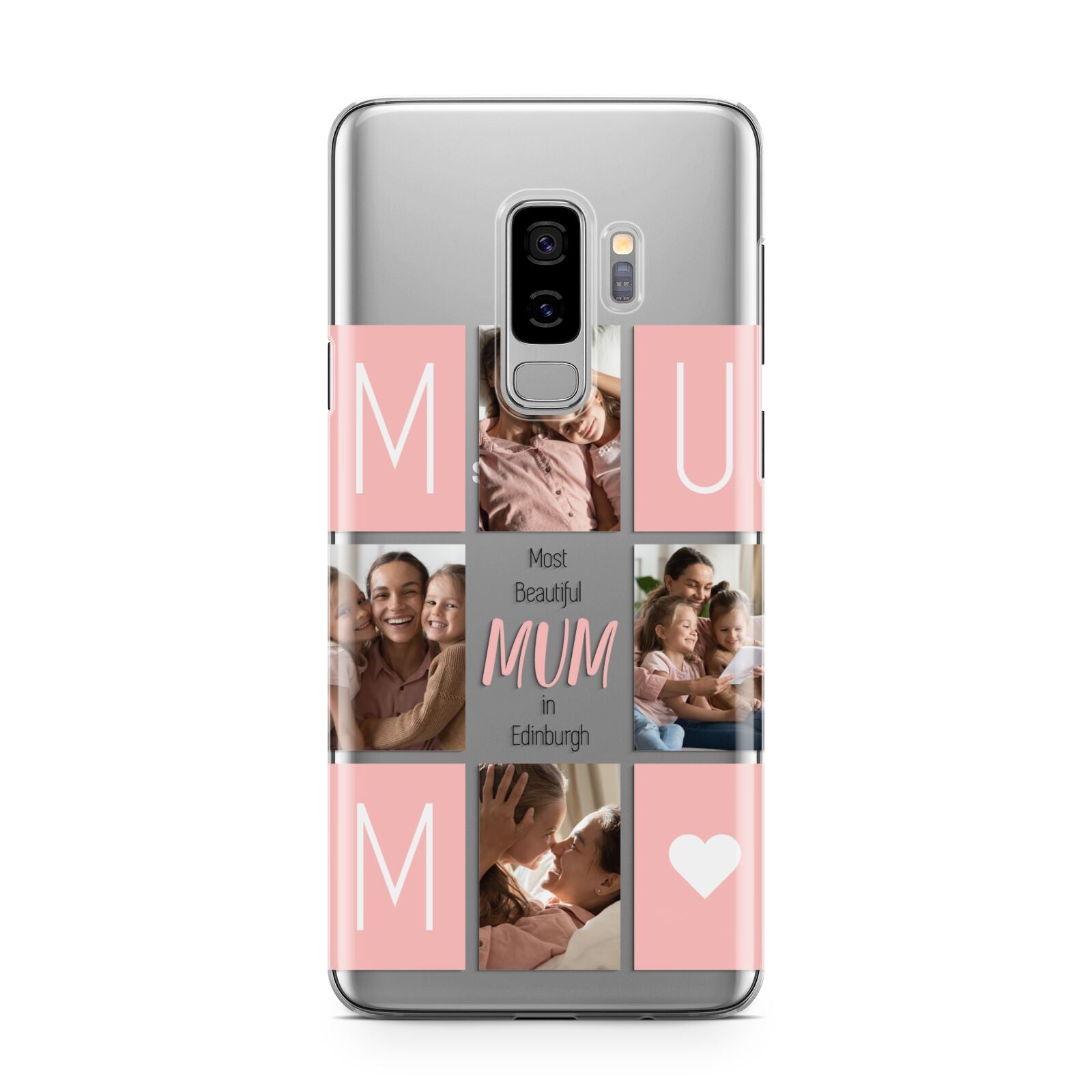 Pink Mum Photo Tiles Samsung Galaxy S9 Plus Case on Silver phone