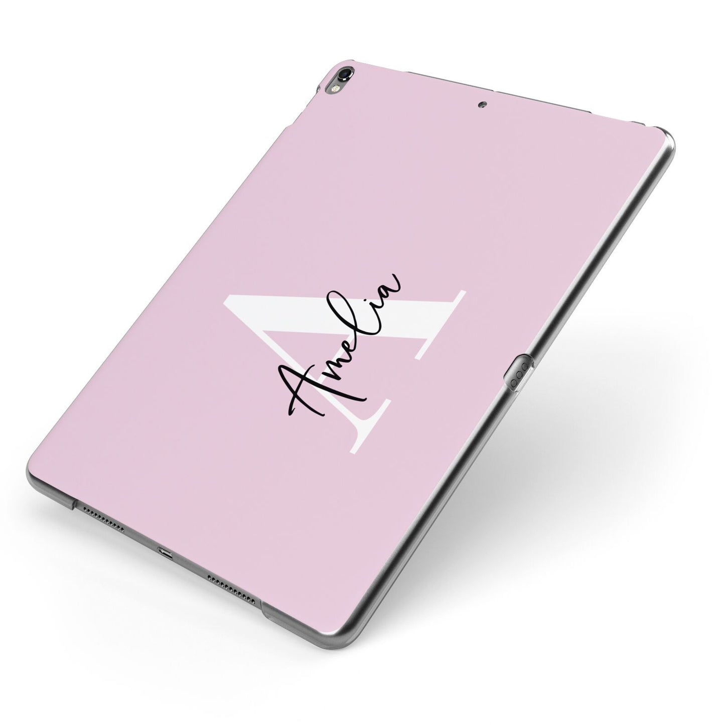 Pink Personalised Initial Name Apple iPad Case on Grey iPad Side View