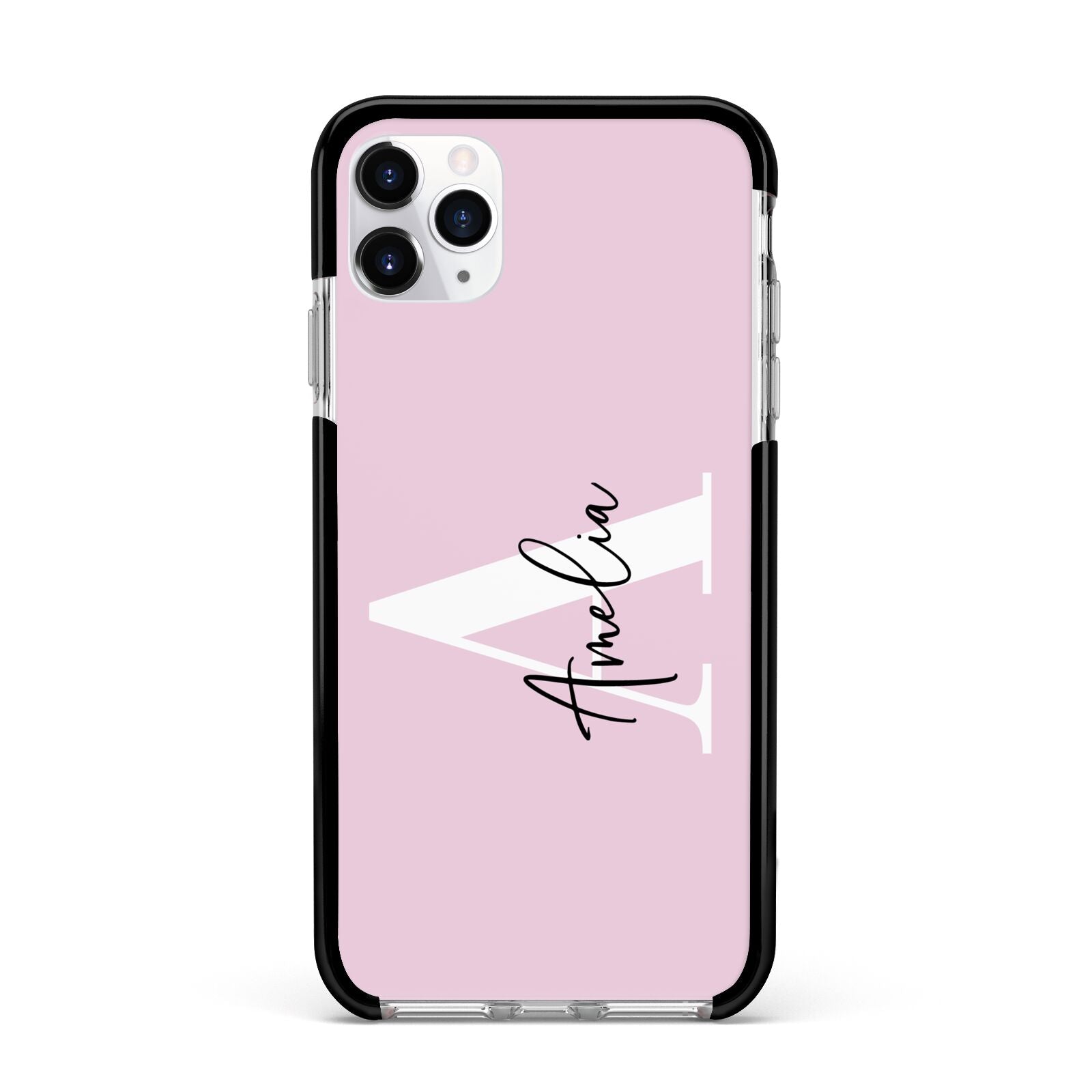 Pink Personalised Initial Name Apple iPhone 11 Pro Max in Silver with Black Impact Case