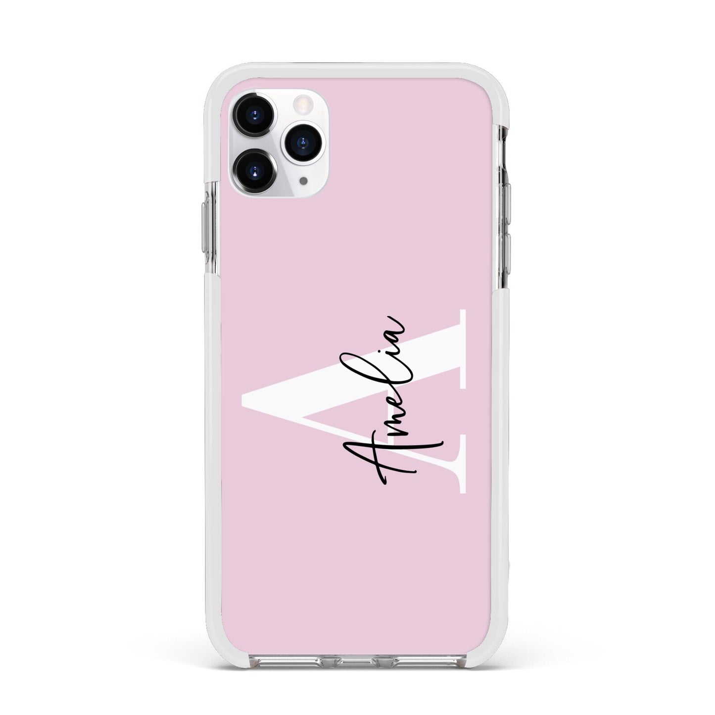 Pink Personalised Initial Name Apple iPhone 11 Pro Max in Silver with White Impact Case