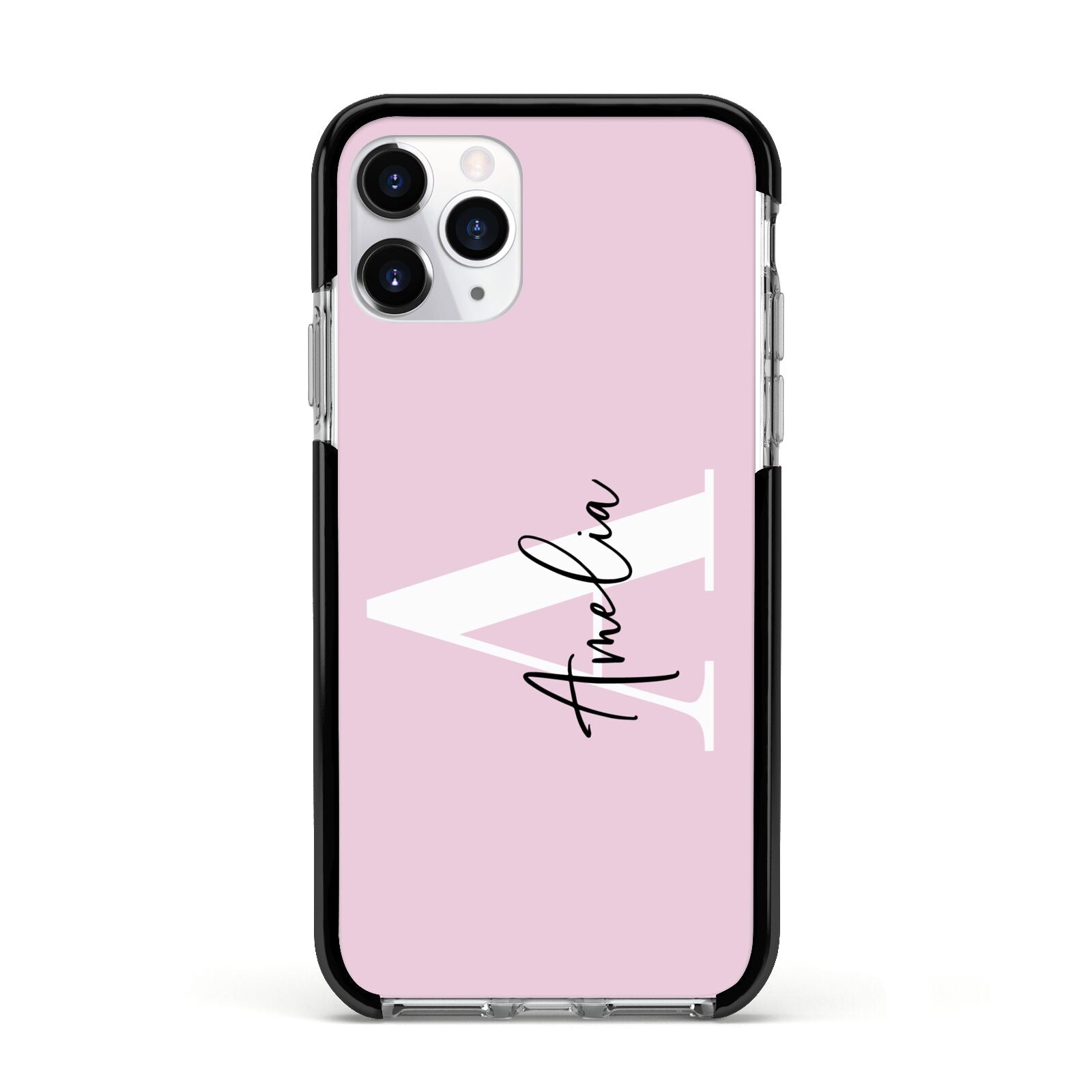 Pink Personalised Initial Name Apple iPhone 11 Pro in Silver with Black Impact Case