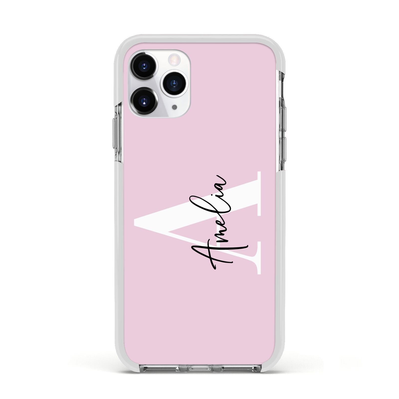 Pink Personalised Initial Name Apple iPhone 11 Pro in Silver with White Impact Case