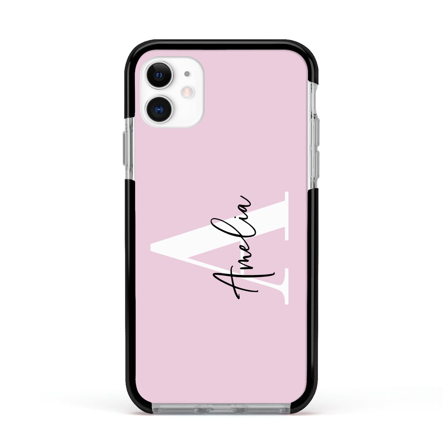 Pink Personalised Initial Name Apple iPhone 11 in White with Black Impact Case