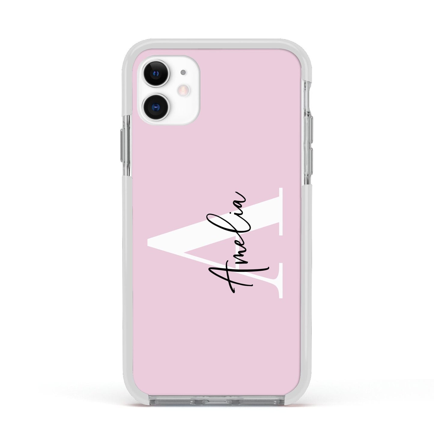 Pink Personalised Initial Name Apple iPhone 11 in White with White Impact Case