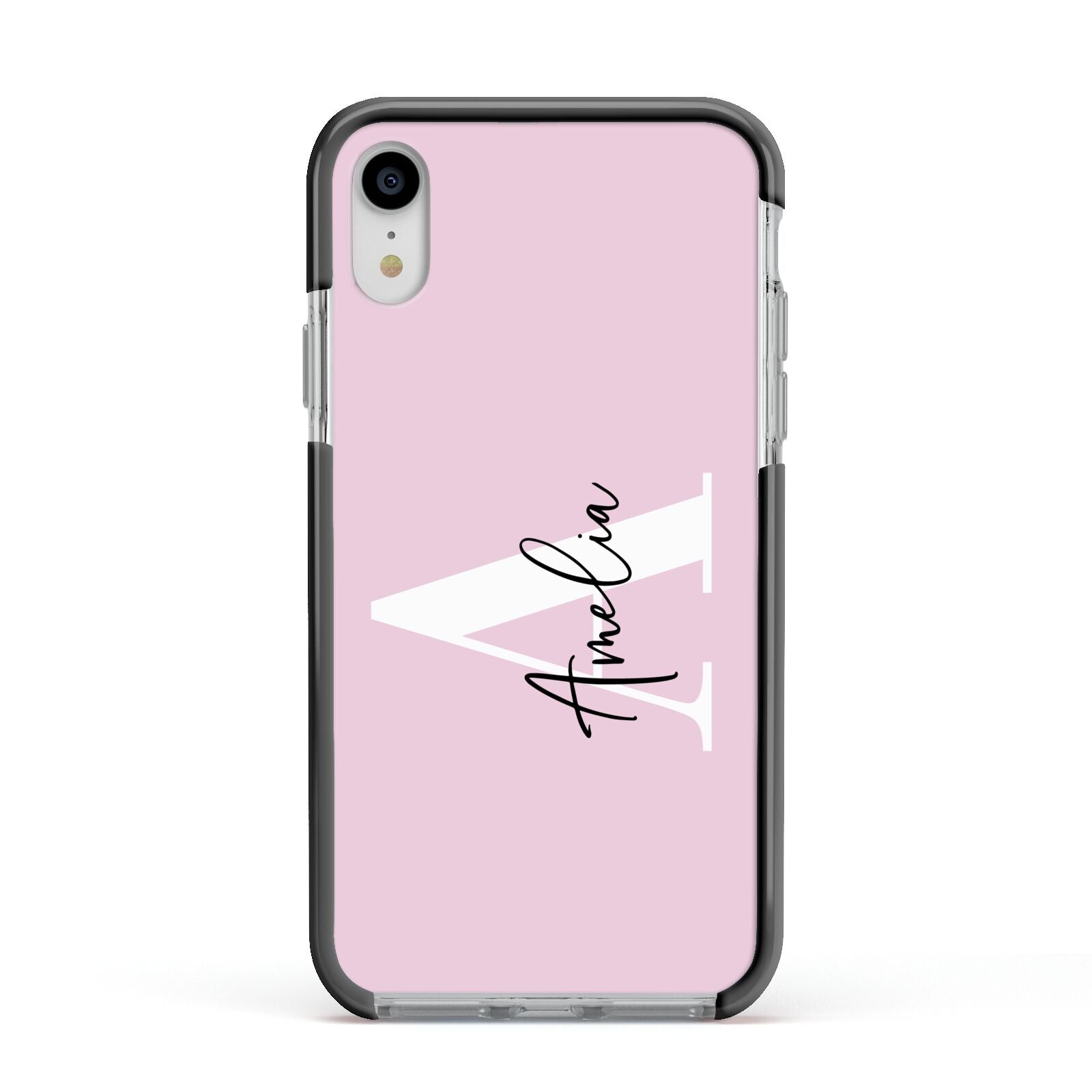 Pink Personalised Initial Name Apple iPhone XR Impact Case Black Edge on Silver Phone