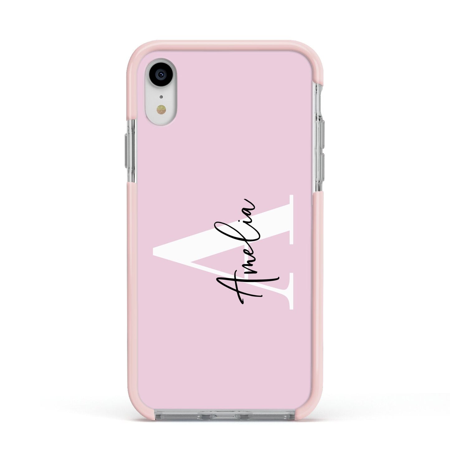 Pink Personalised Initial Name Apple iPhone XR Impact Case Pink Edge on Silver Phone