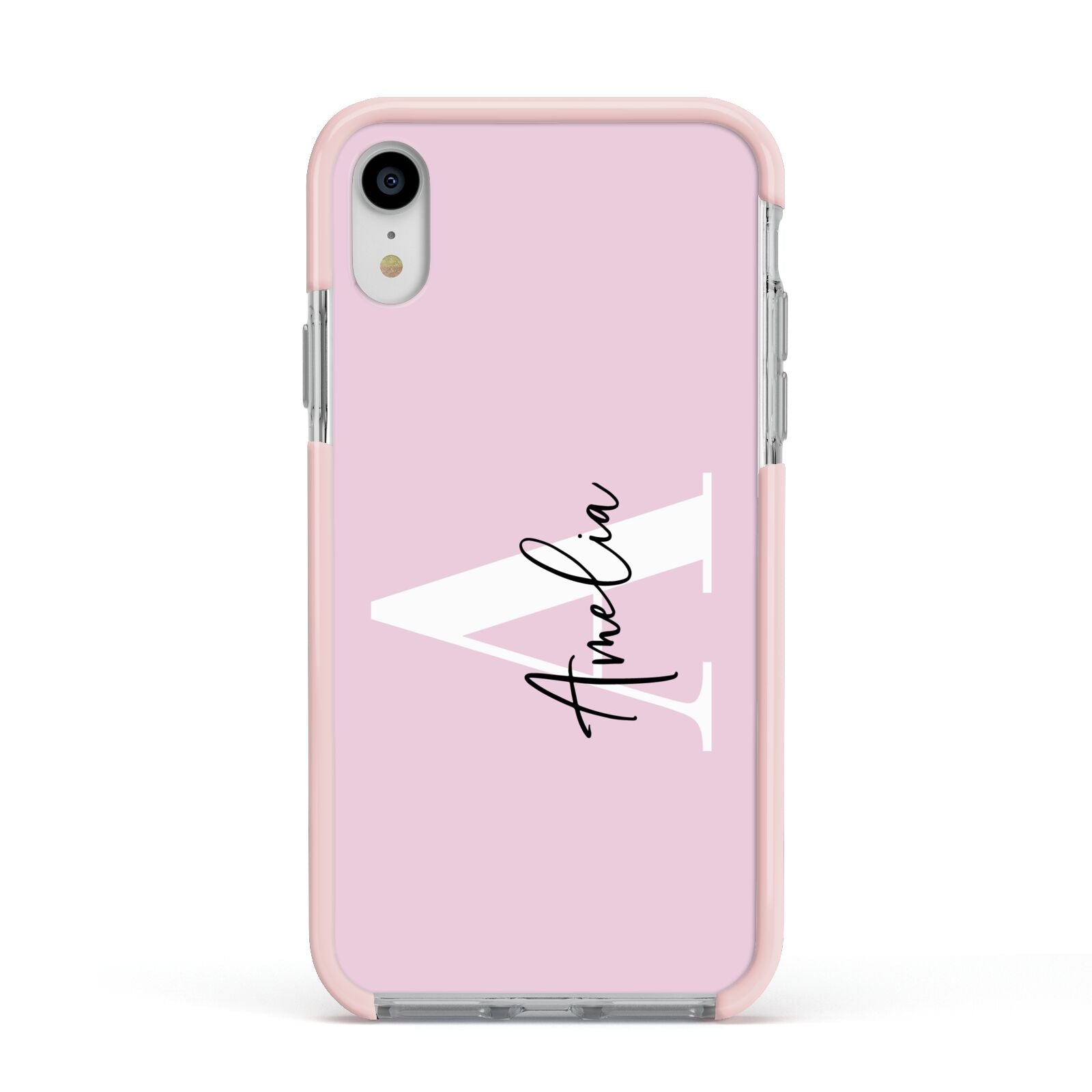 Pink Personalised Initial Name Apple iPhone XR Impact Case Pink Edge on Silver Phone