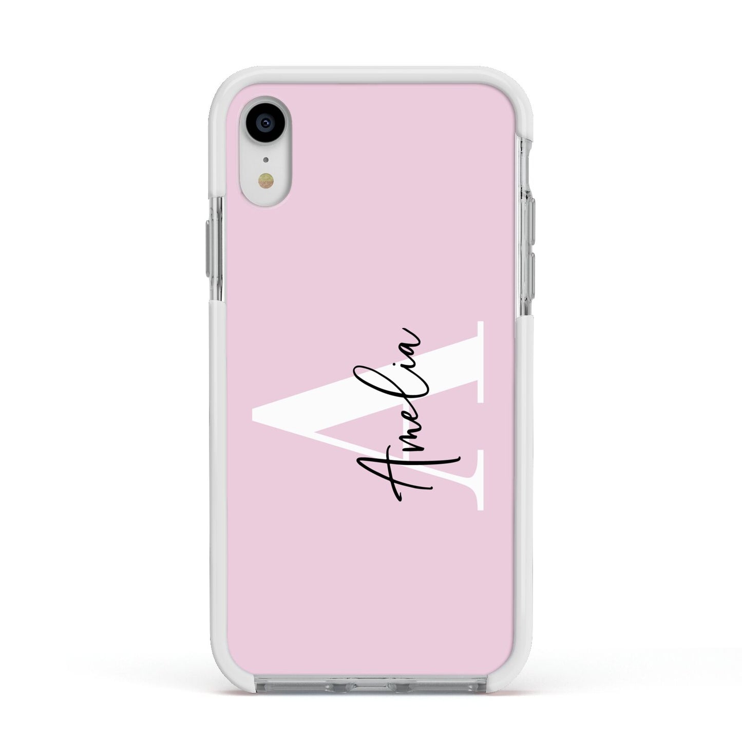 Pink Personalised Initial Name Apple iPhone XR Impact Case White Edge on Silver Phone