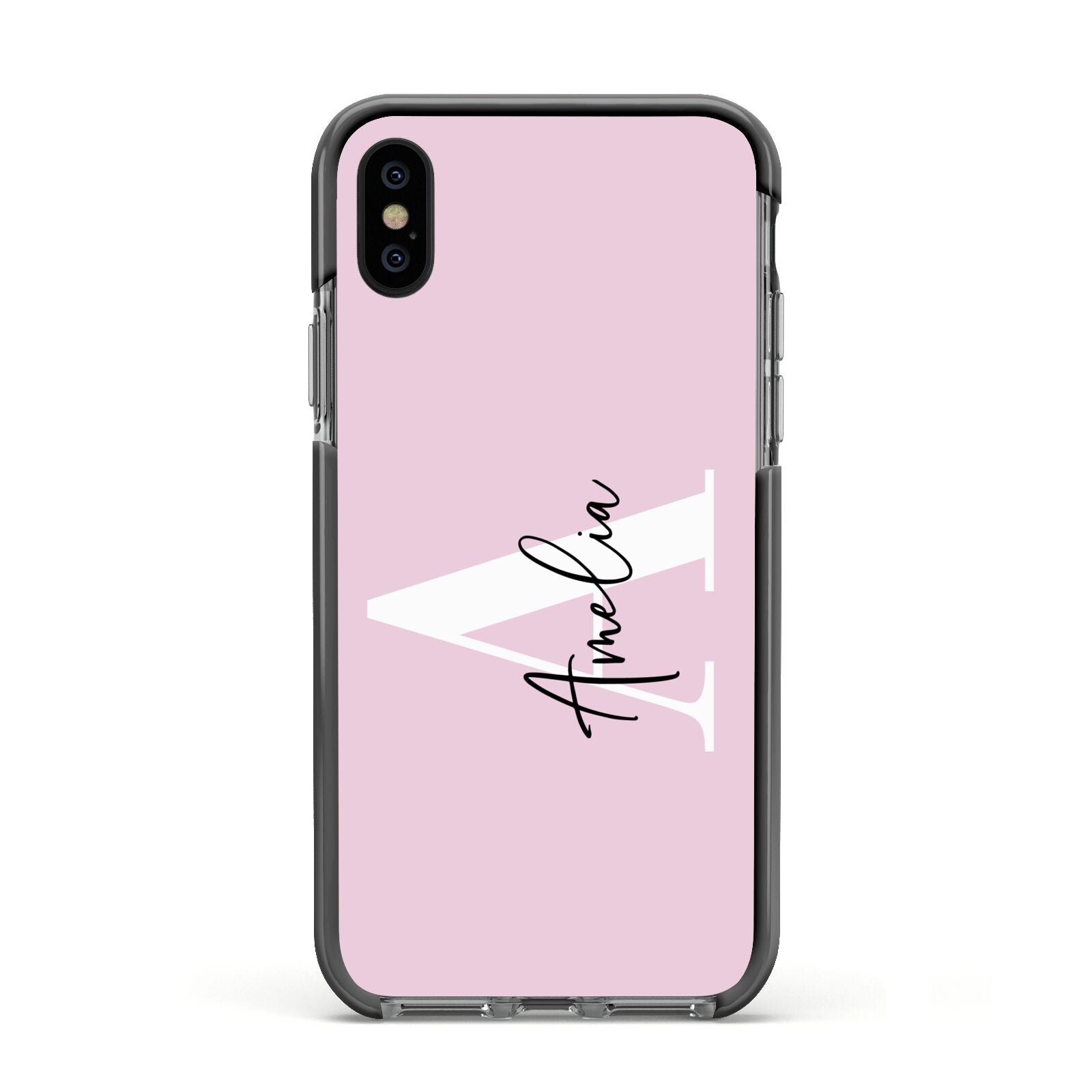 Pink Personalised Initial Name Apple iPhone Xs Impact Case Black Edge on Black Phone