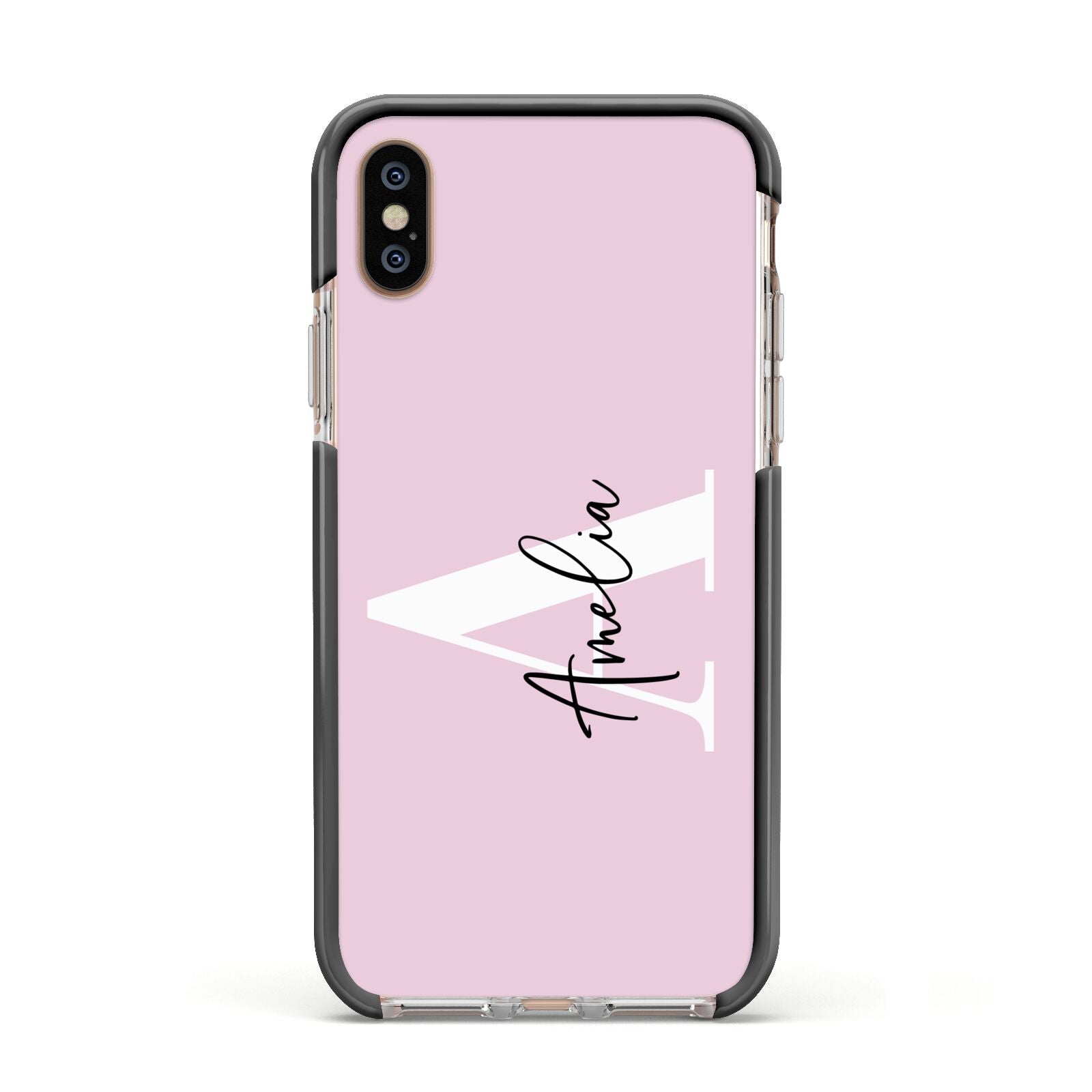 Pink Personalised Initial Name Apple iPhone Xs Impact Case Black Edge on Gold Phone