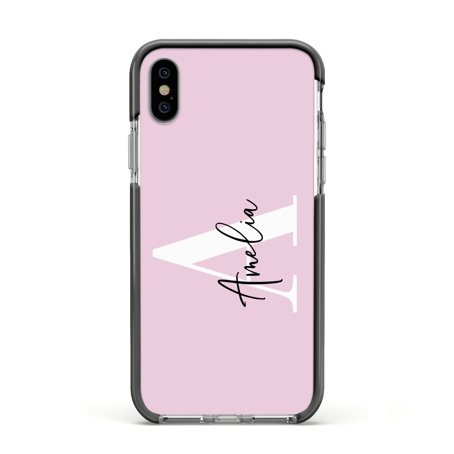 Pink Personalised Initial Name Apple iPhone Xs Impact Case Black Edge on Silver Phone