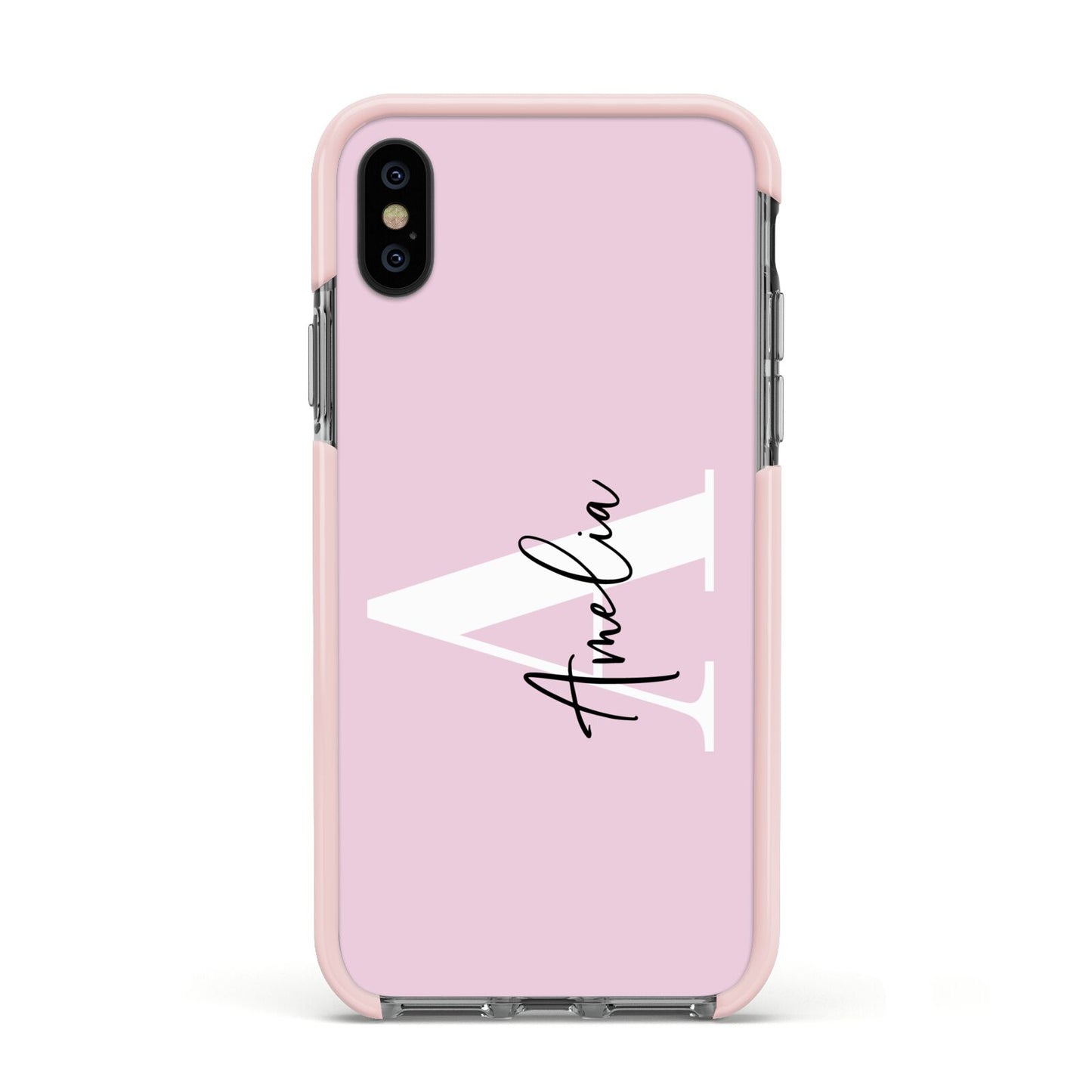 Pink Personalised Initial Name Apple iPhone Xs Impact Case Pink Edge on Black Phone