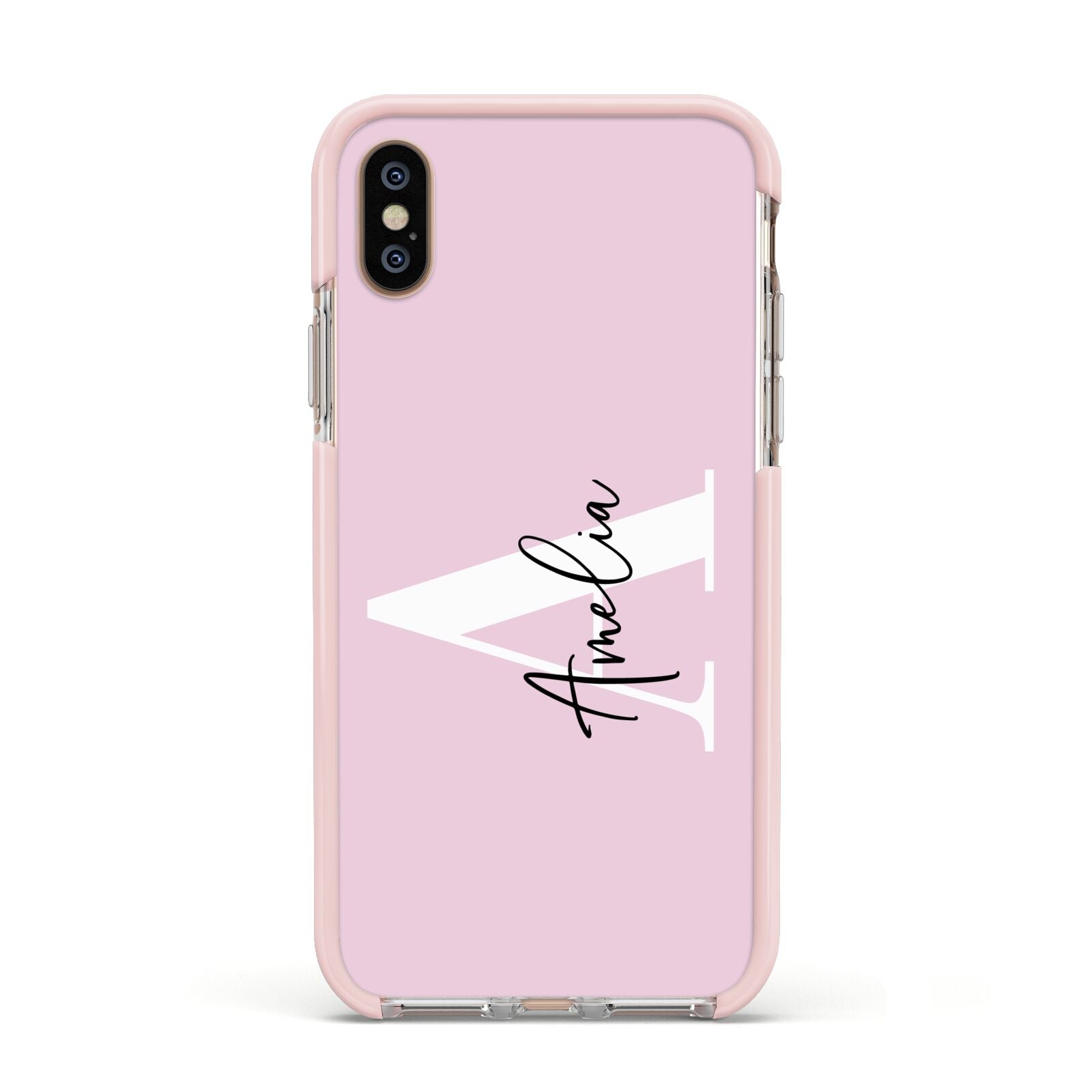 Pink Personalised Initial Name Apple iPhone Xs Impact Case Pink Edge on Gold Phone