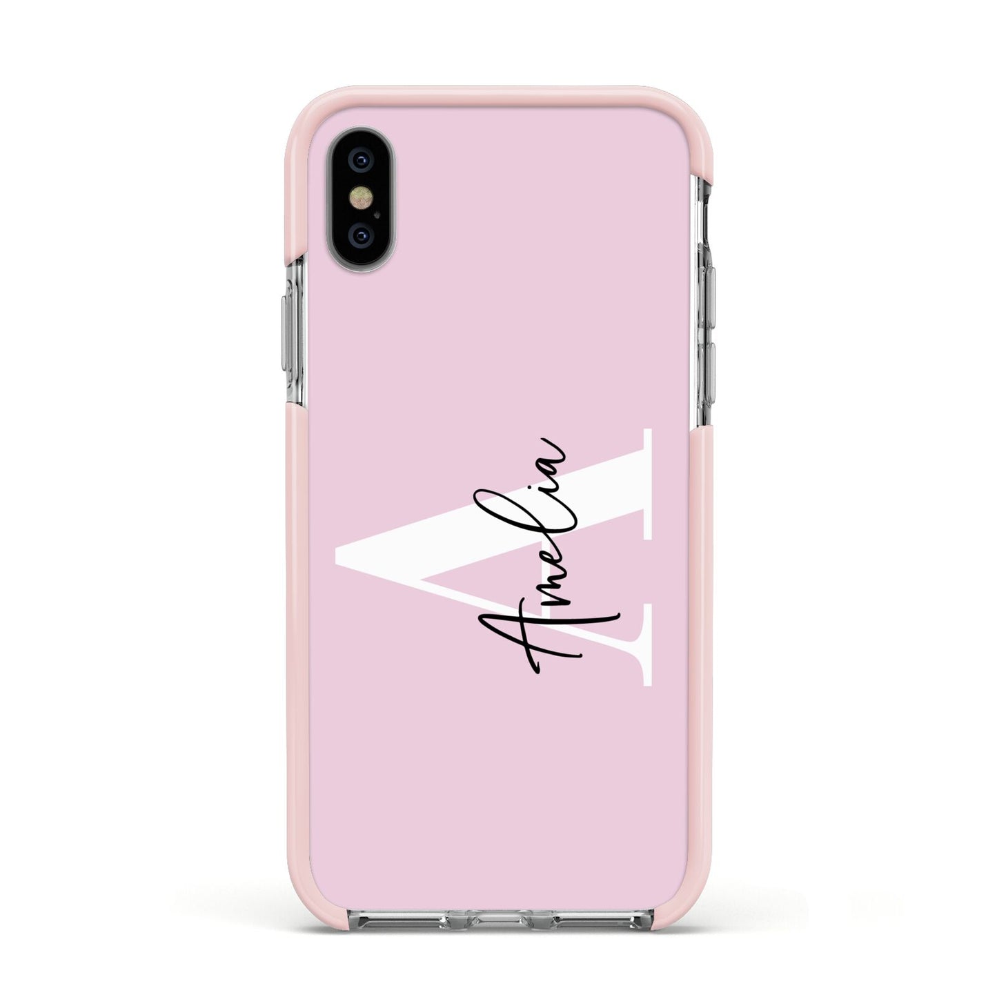 Pink Personalised Initial Name Apple iPhone Xs Impact Case Pink Edge on Silver Phone