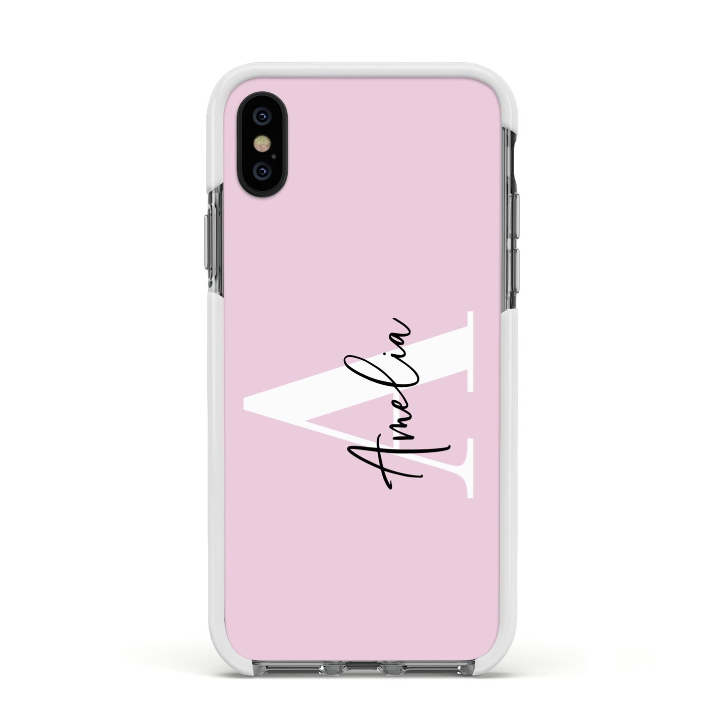 Pink Personalised Initial Name Apple iPhone Xs Impact Case White Edge on Black Phone