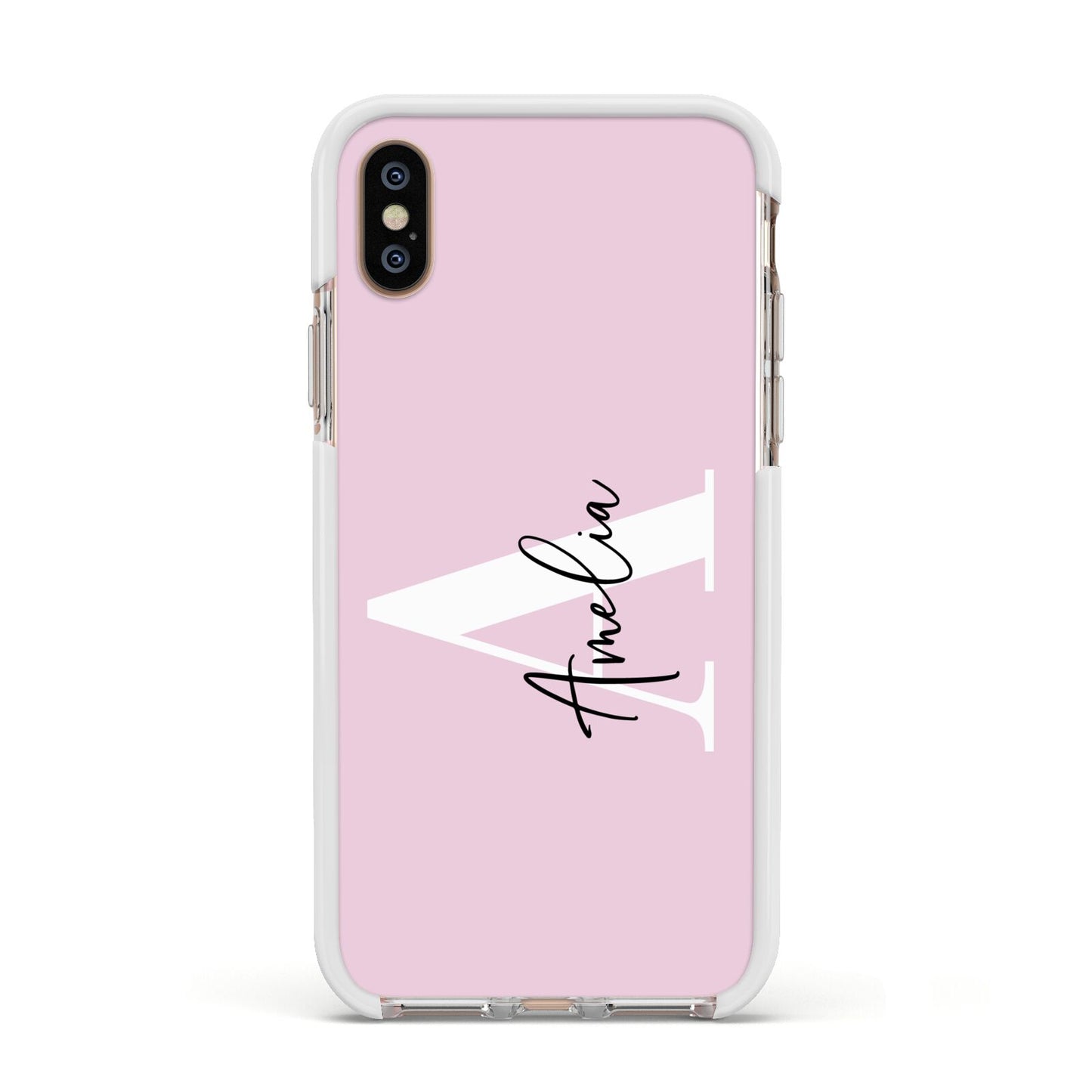 Pink Personalised Initial Name Apple iPhone Xs Impact Case White Edge on Gold Phone